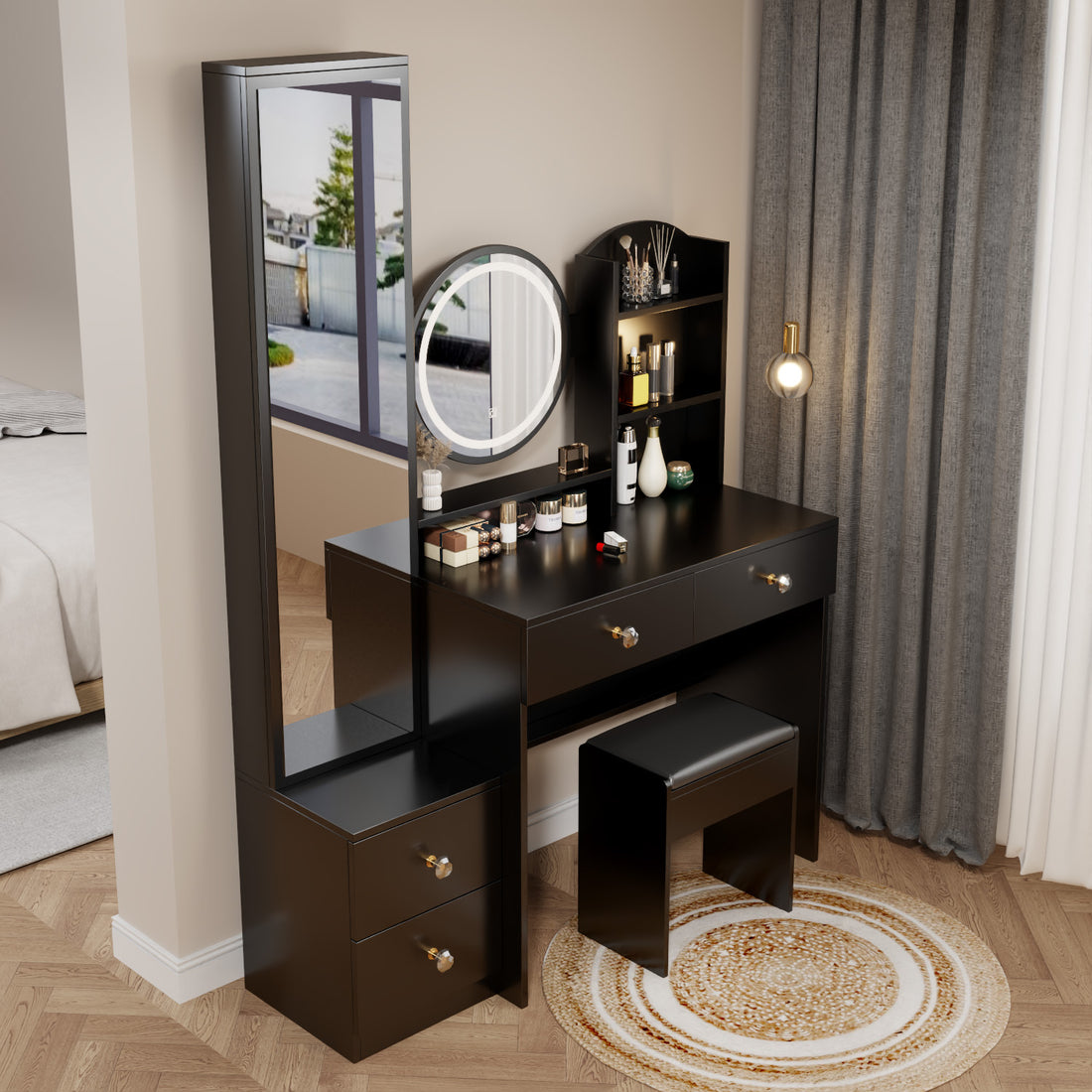 Full Body Mirror Cabinet Round Mirror Led Vanity Table Cushioned Stool, 17" Diameter Led Mirror, Touch Control, 3 Color, Brightness Adjustable, Large Desktop, Multi Layer High Capacity Storage Black Mdf