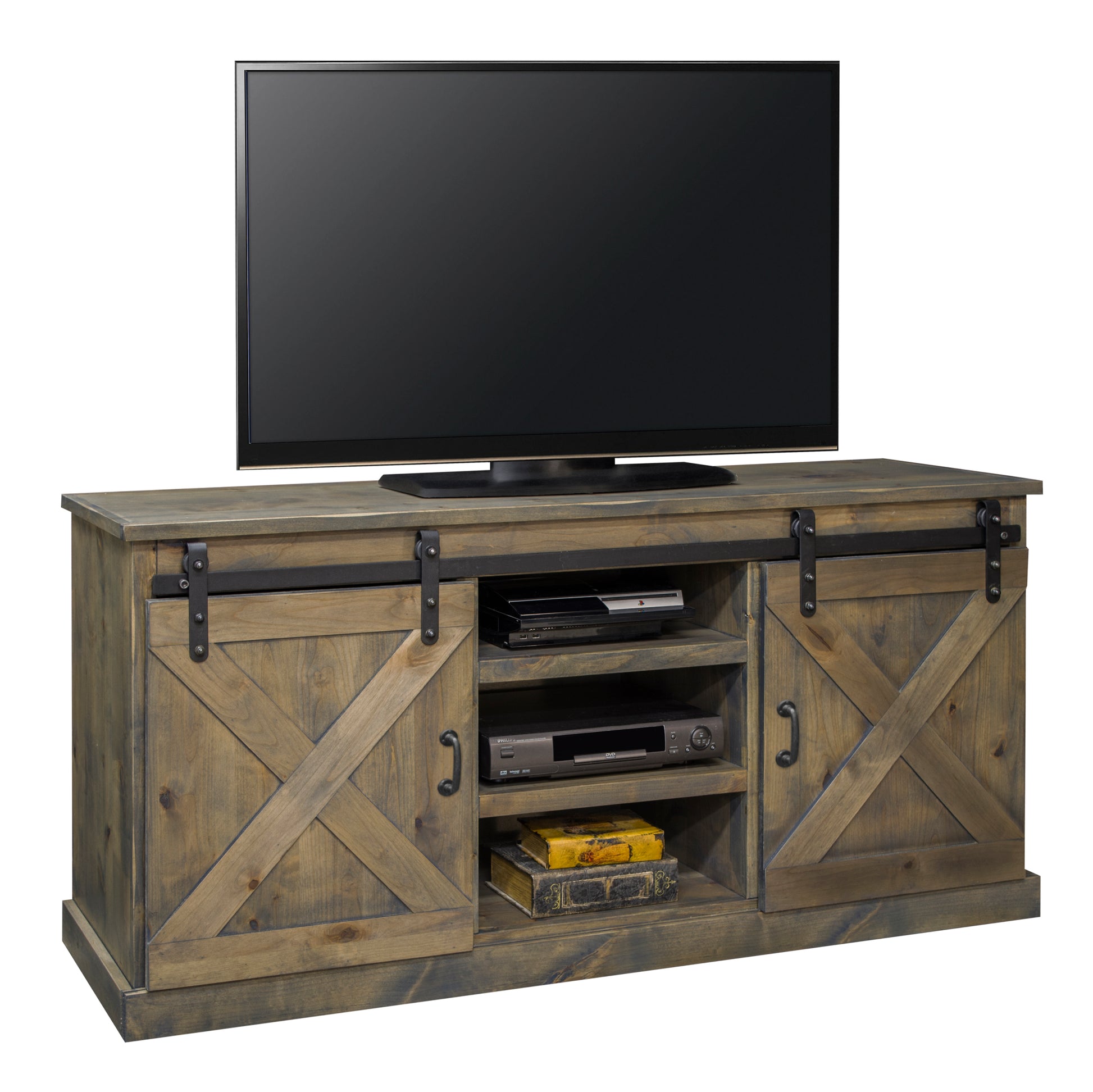 Farmhouse 66 Inch Tv Stand Console For Tvs Up To 80 Inches, No Assembly Required, Barnwood Finish Brown Brown Primary Living Space 60 69 Inches 80 89 Inches Farmhouse,Lodge,Rustic Alder 80 Inches Wood