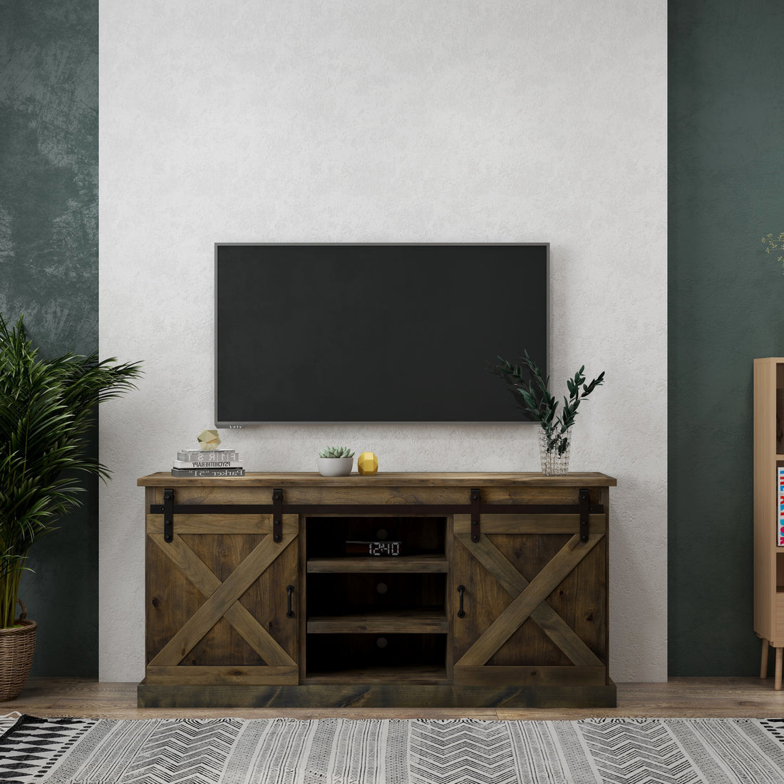 Farmhouse 66 Inch Tv Stand Console For Tvs Up To 80 Inches, No Assembly Required, Barnwood Finish Brown Brown Primary Living Space 60 69 Inches 80 89 Inches Farmhouse,Lodge,Rustic Alder 80 Inches Wood
