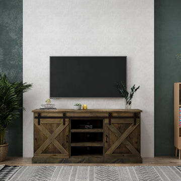 Farmhouse 66 Inch Tv Stand Console For Tvs Up To 80 Inches, No Assembly Required, Barnwood Finish Brown Brown Primary Living Space 60 69 Inches 80 89 Inches Farmhouse,Lodge,Rustic Alder 80 Inches Wood