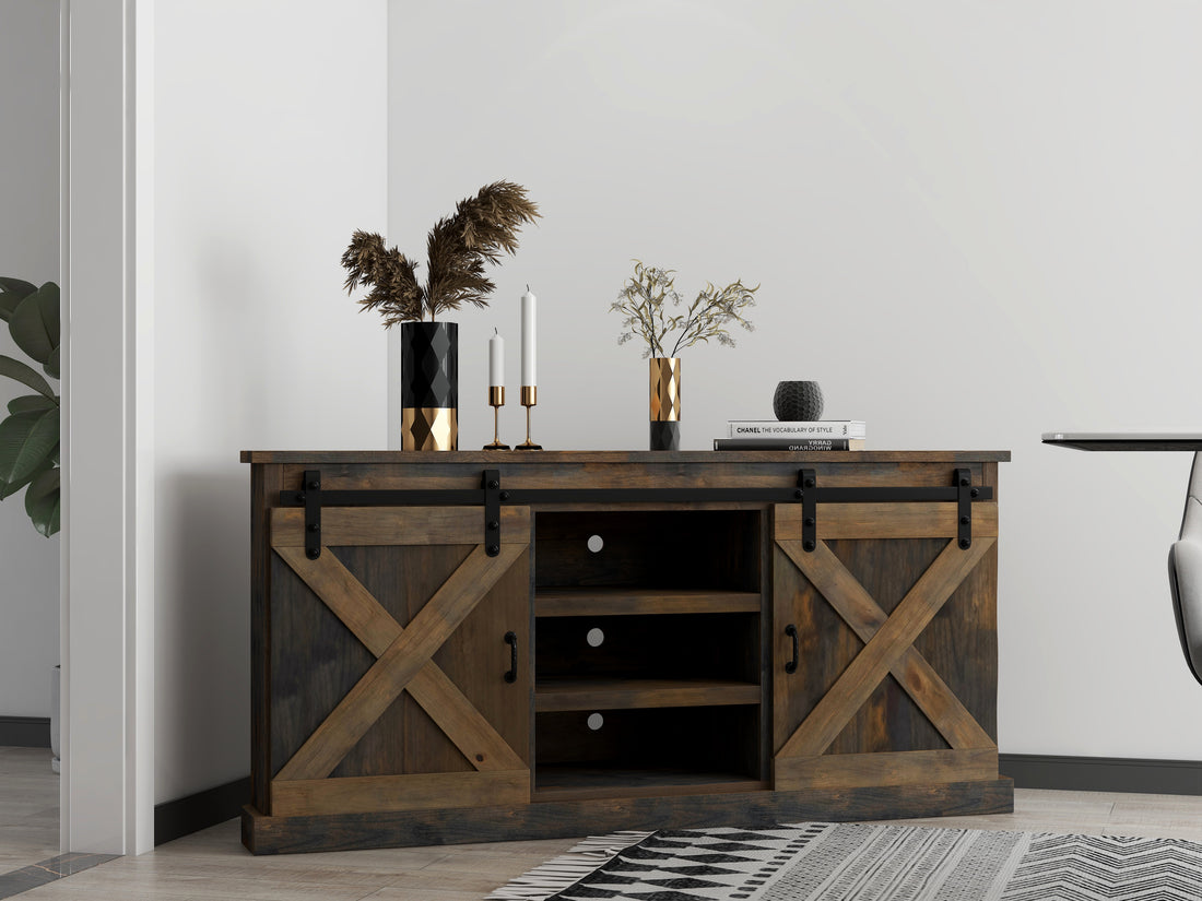 Farmhouse 66 Inch Corner Tv Stand For Tvs Up To 80 Inches, No Assembly Required, Barnwood Finish Brown Brown Primary Living Space 60 69 Inches 80 89 Inches Farmhouse,Lodge,Rustic Alder 80 Inches Wood