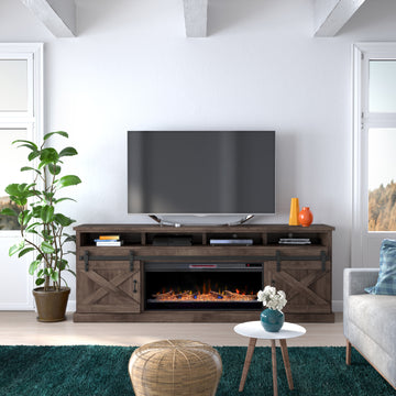 Farmhouse 93 Inch Electric Fireplace Tv Stand For Tvs Up To 100 Inches, Minimal Assembly, Barnwood Finish Electric Brown Primary Living Space Alder Yes Insert Electric 41 50 No Brown 400 Vent Free