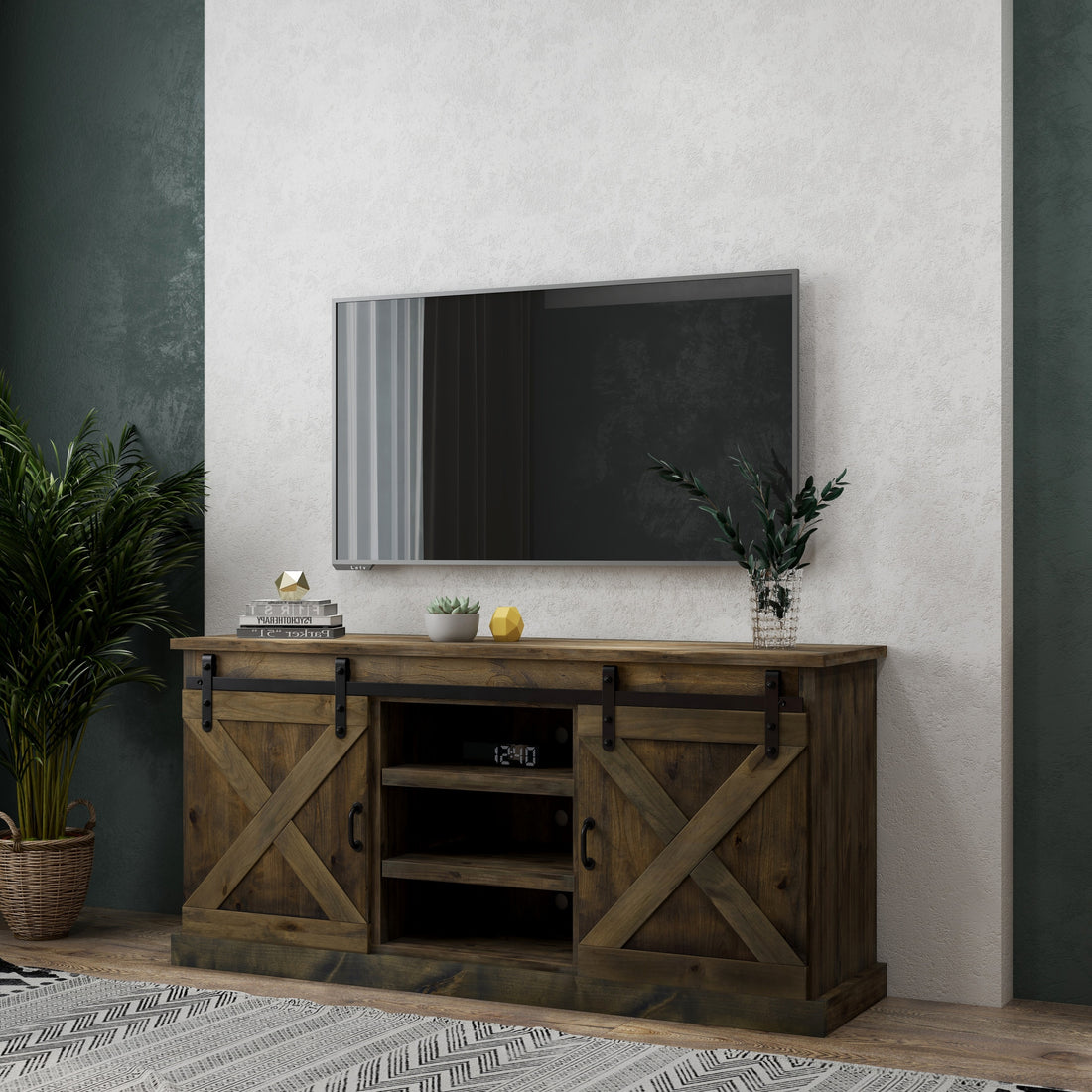 Farmhouse 66 Inch Tv Stand Console For Tvs Up To 80 Inches, No Assembly Required, Barnwood Finish Brown Brown Primary Living Space 60 69 Inches 80 89 Inches Farmhouse,Lodge,Rustic Alder 80 Inches Wood
