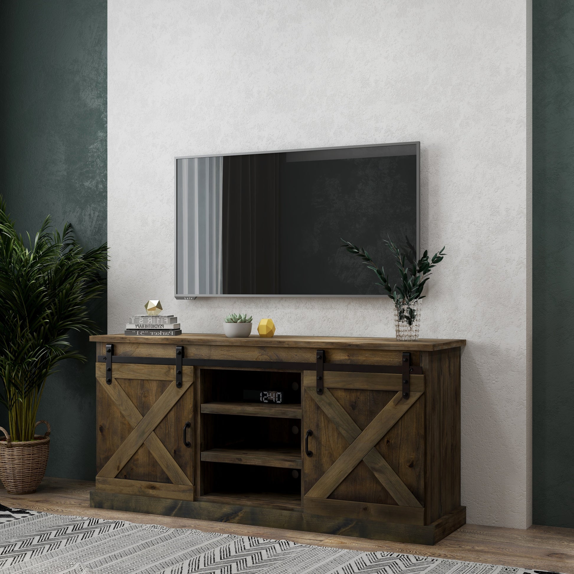 Farmhouse 66 Inch Tv Stand Console For Tvs Up To 80 Inches, No Assembly Required, Barnwood Finish Brown Brown Primary Living Space 60 69 Inches 80 89 Inches Farmhouse,Lodge,Rustic Alder 80 Inches Wood