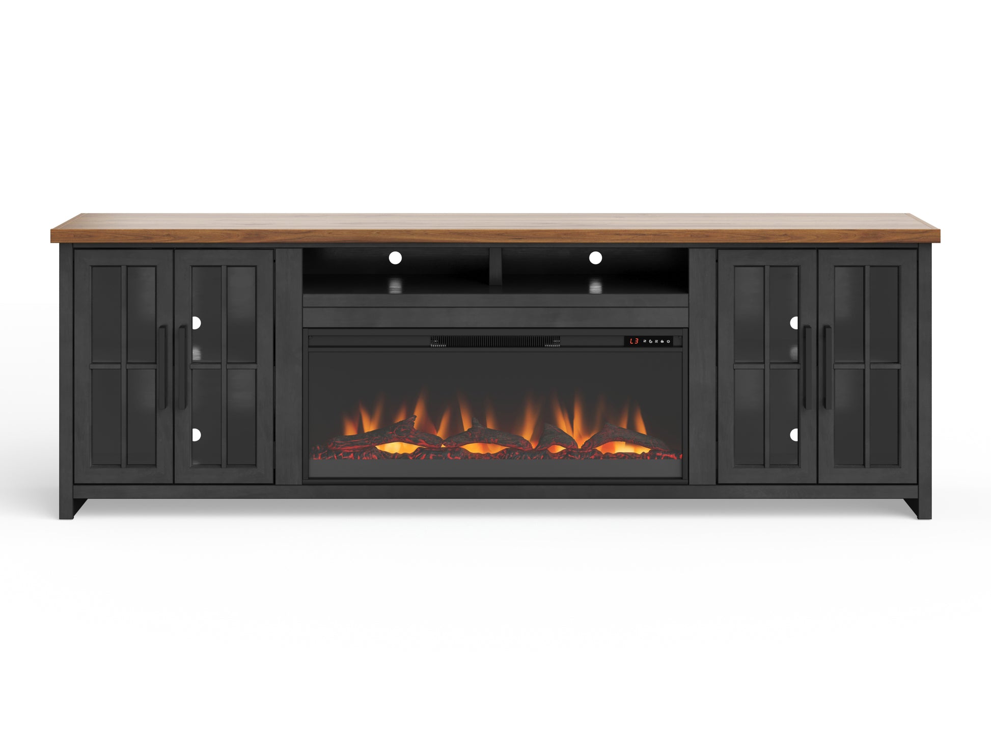 Essex 97 Inch Fireplace Tv Stand Console For Tvs Up To 100 Inches, Minimal Assembly, Black And Whiskey Finish 41 50 Electric No Black 400 Vent Free Primary Living Space Coastal,Farmhouse Poplar Yes Insert Wood Electric