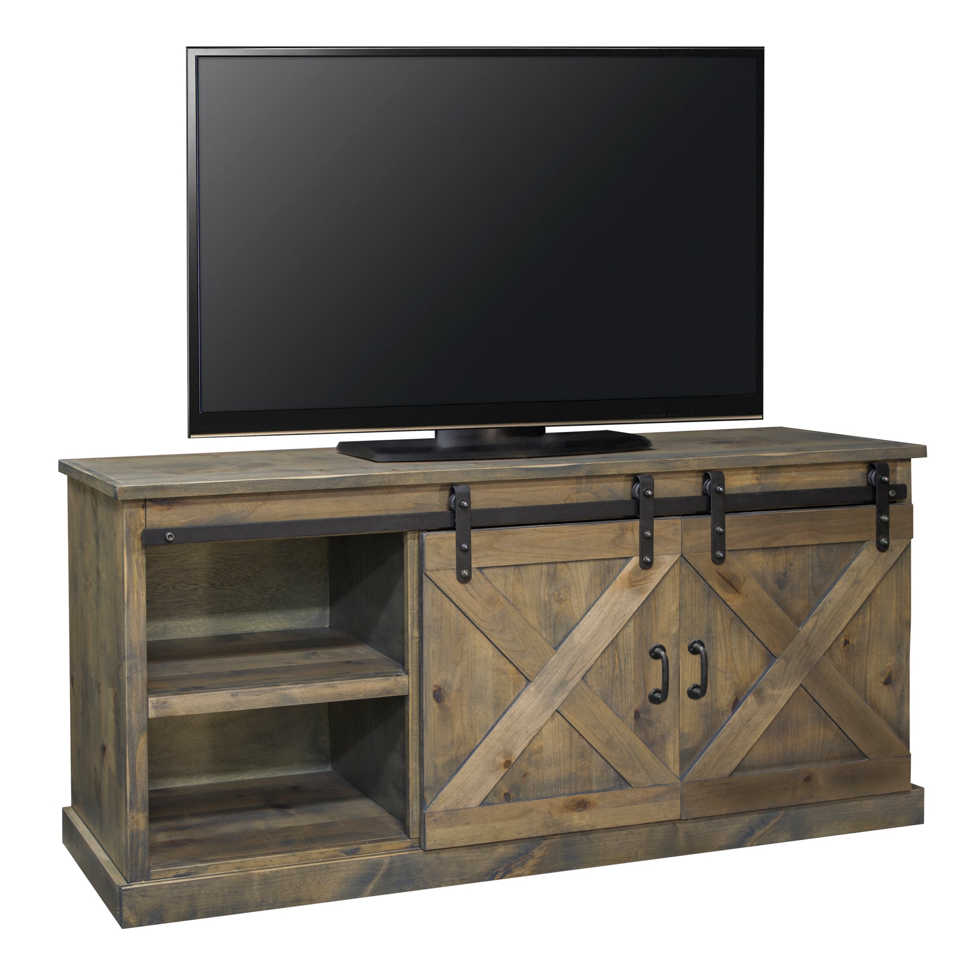 Farmhouse 66 Inch Tv Stand Console For Tvs Up To 80 Inches, No Assembly Required, Barnwood Finish Brown Brown Primary Living Space 60 69 Inches 80 89 Inches Farmhouse,Lodge,Rustic Alder 80 Inches Wood