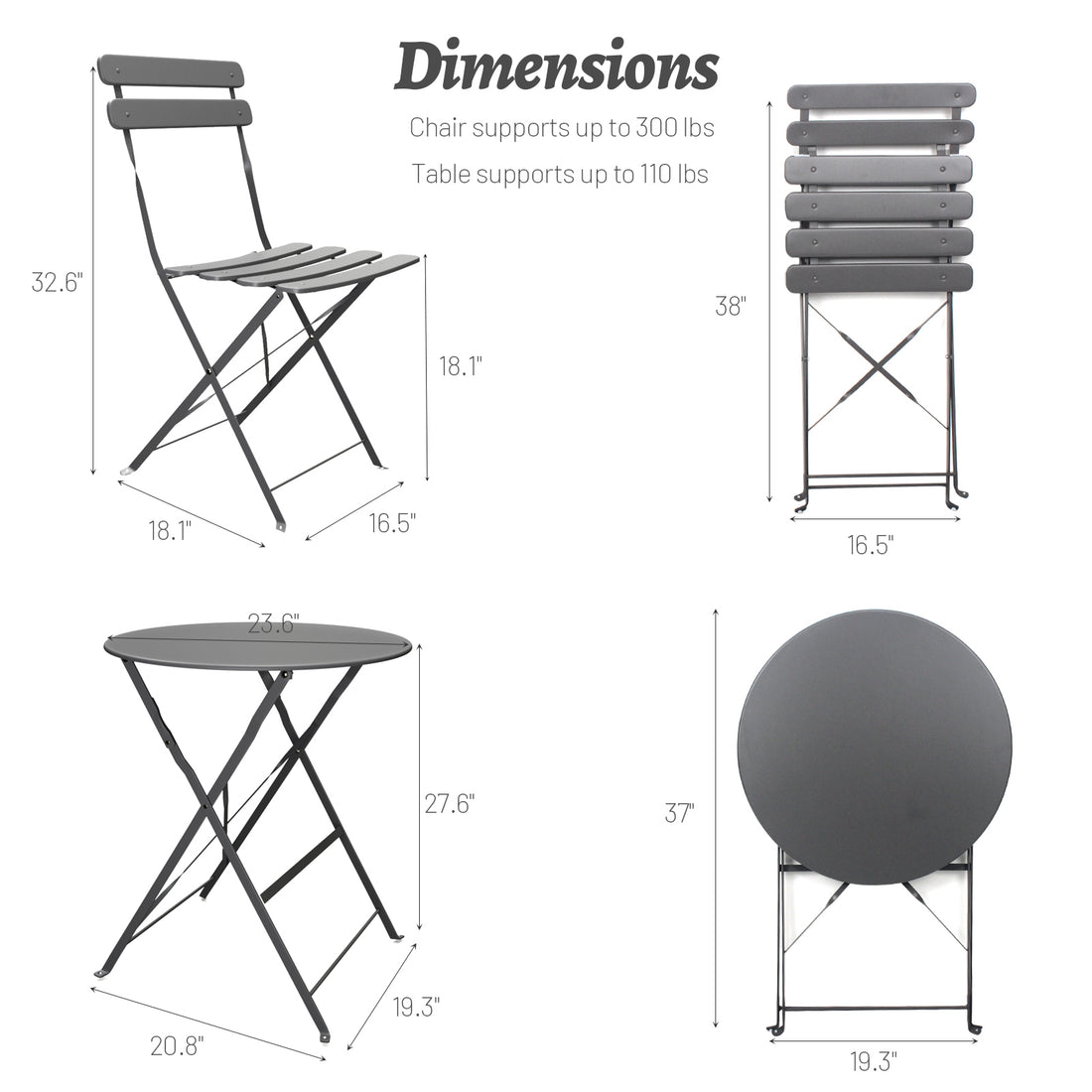 3 Pieces Patio Bistro Balcony Metail Chair Table Set Gray Yes Gray Rust Resistant Frame Fade Resistant Cushion Foam Metal