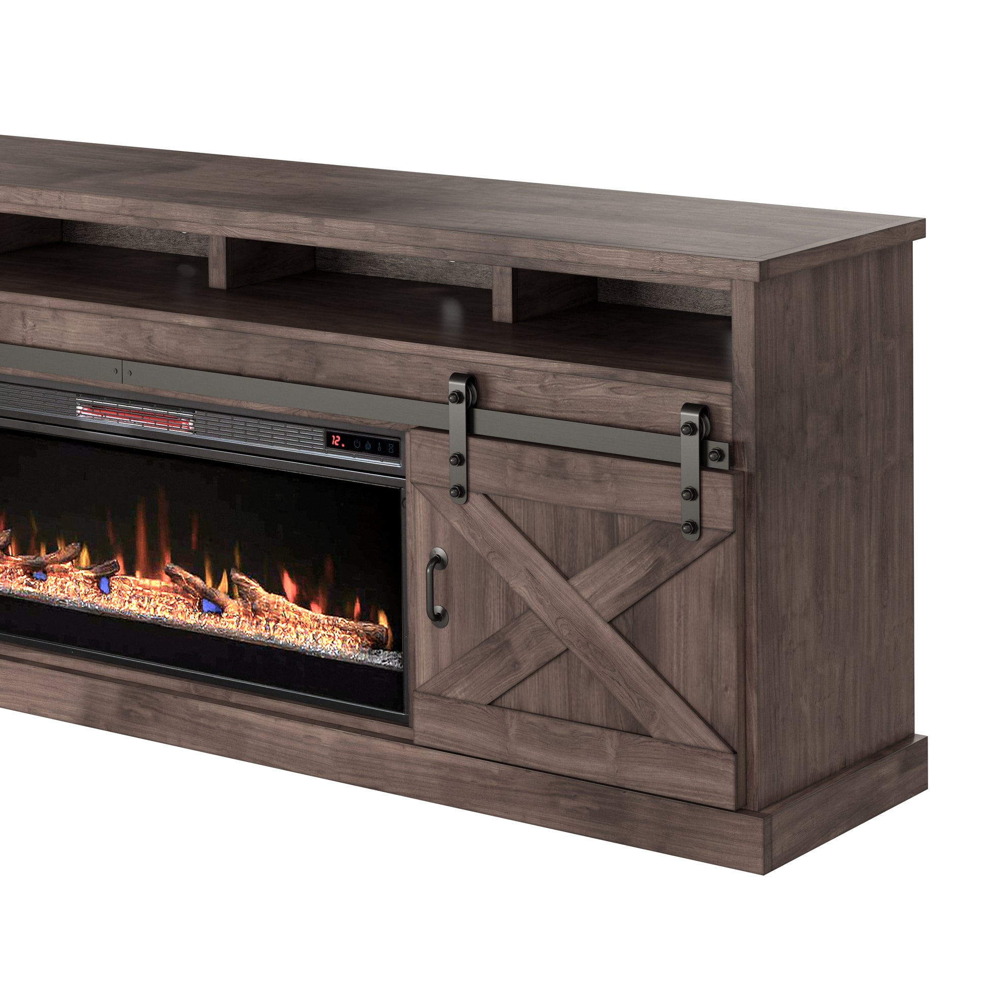 Farmhouse 93 Inch Electric Fireplace Tv Stand For Tvs Up To 100 Inches, Minimal Assembly, Barnwood Finish Electric Brown Primary Living Space Alder Yes Insert Electric 41 50 No Brown 400 Vent Free