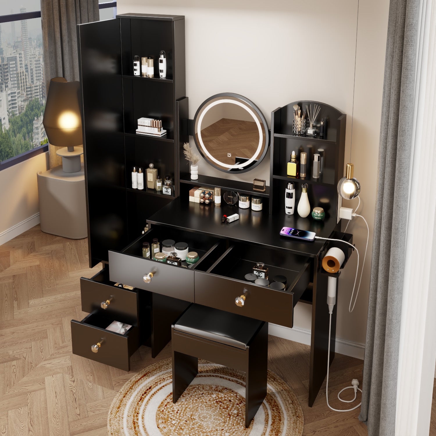 Full Body Mirror Cabinet Round Mirror Led Vanity Table Cushioned Stool, With 2 Ac 2 Usb Power Station,17" Diameter Led Mirror, Touch Control, 3 Color, Brightness Adjustable, Large Desktop Black Mdf
