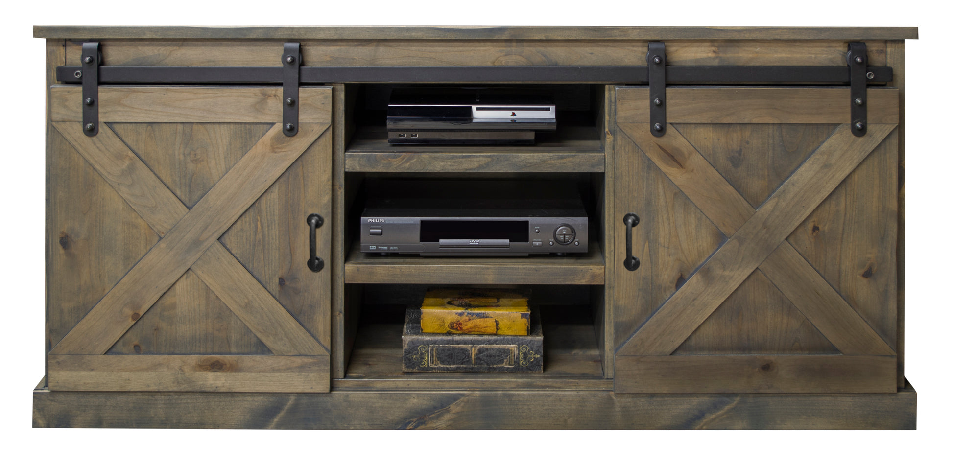 Farmhouse 66 Inch Tv Stand Console For Tvs Up To 80 Inches, No Assembly Required, Barnwood Finish Brown Brown Primary Living Space 60 69 Inches 80 89 Inches Farmhouse,Lodge,Rustic Alder 80 Inches Wood