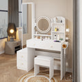 Full Body Mirror Cabinet Round Mirror Led Vanity Table Cushioned Stool, With 2 Ac 2 Usb Power Station,17