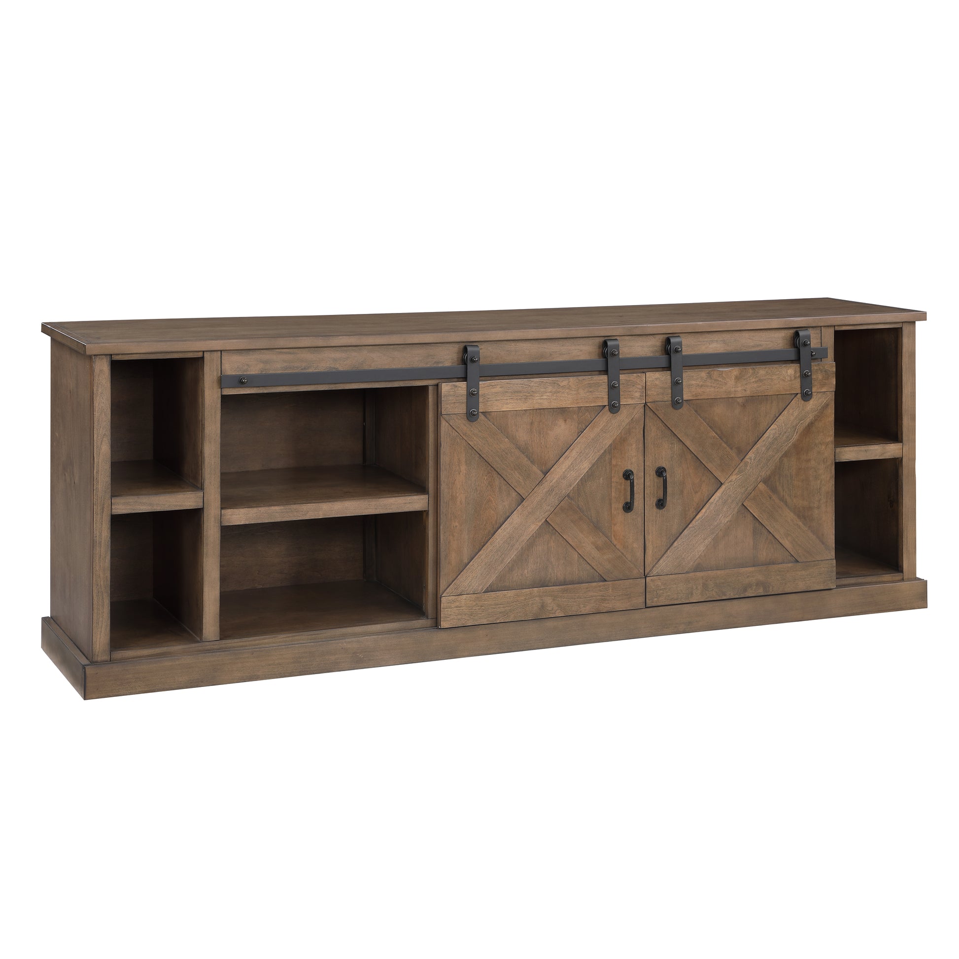 Farmhouse 85 Inch Tv Stand Console For Tvs Up To 95 Inches, No Assembly Required, Barnwood Finish Brown Brown Primary Living Space 80 89 Inches 90 Inches Or Larger Farmhouse,Lodge,Rustic Alder 85 Inches Wood