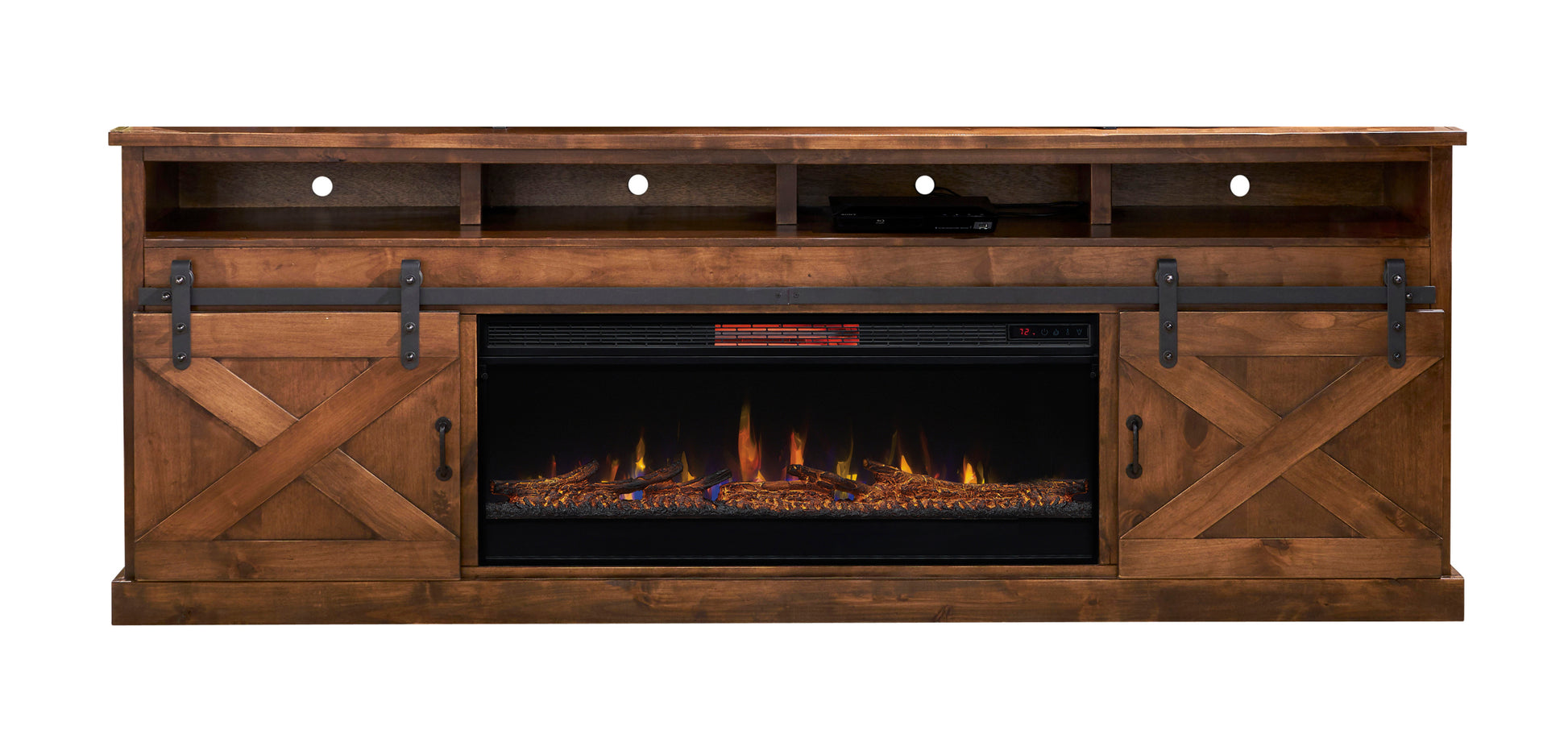 Farmhouse 93 Inch Electric Fireplace Tv Stand For Tvs Up To 100 Inches, Minimal Assembly, Aged Whiskey Finish Electric Brown Primary Living Space Alder Yes Insert Electric 41 50 Yes Brown 400 Vent Free Farmhouse,Lodge,Rustic Wood