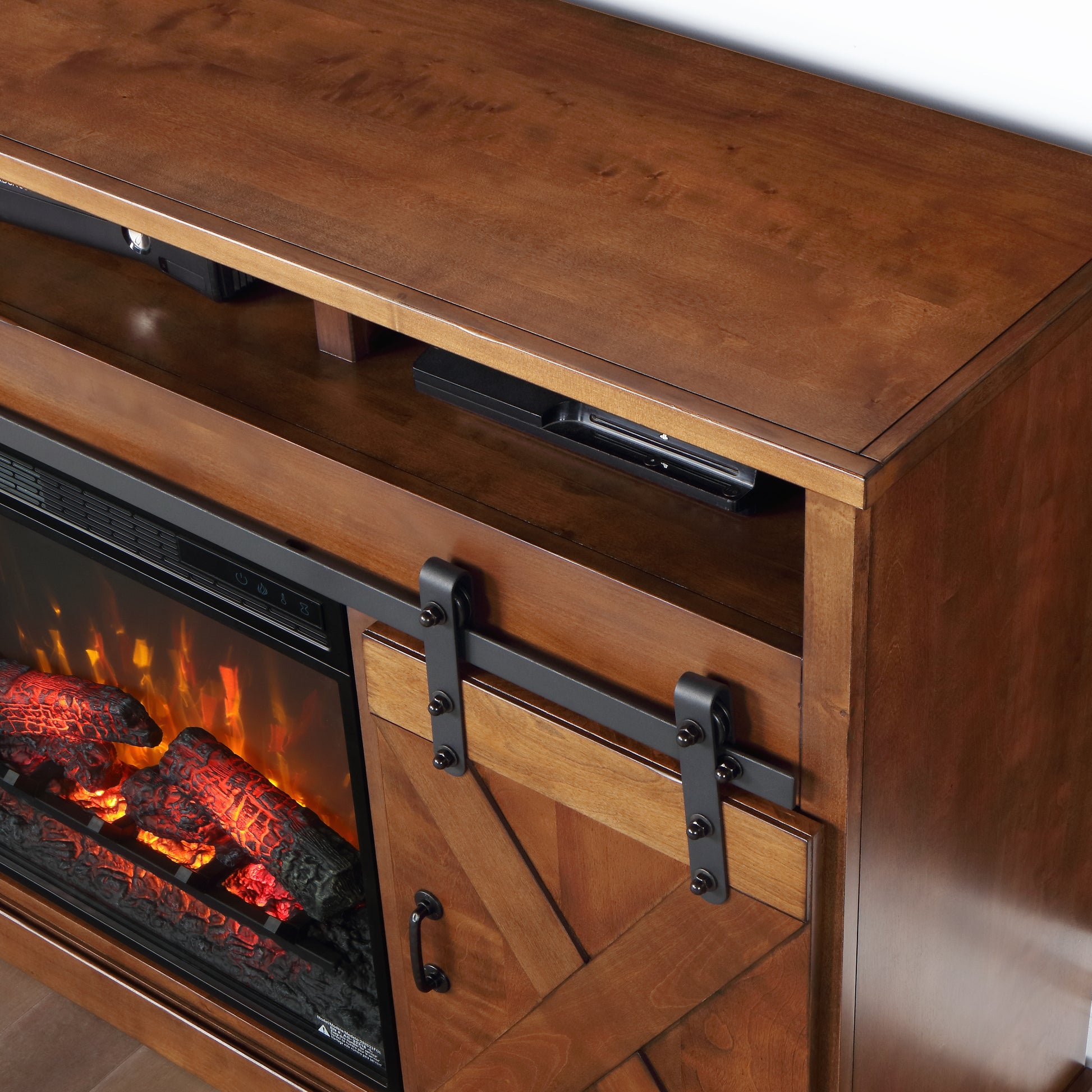 Farmhouse 66 Inch Electric Fireplace Tv Stand For Tvs Up To 80 Inches, Minimal Assembly, Aged Whiskey Finish Electric Brown Primary Living Space Alder Yes Insert Electric Up To 40 No Brown 400 Vent Free Farmhouse,Lodge,Rustic Wood