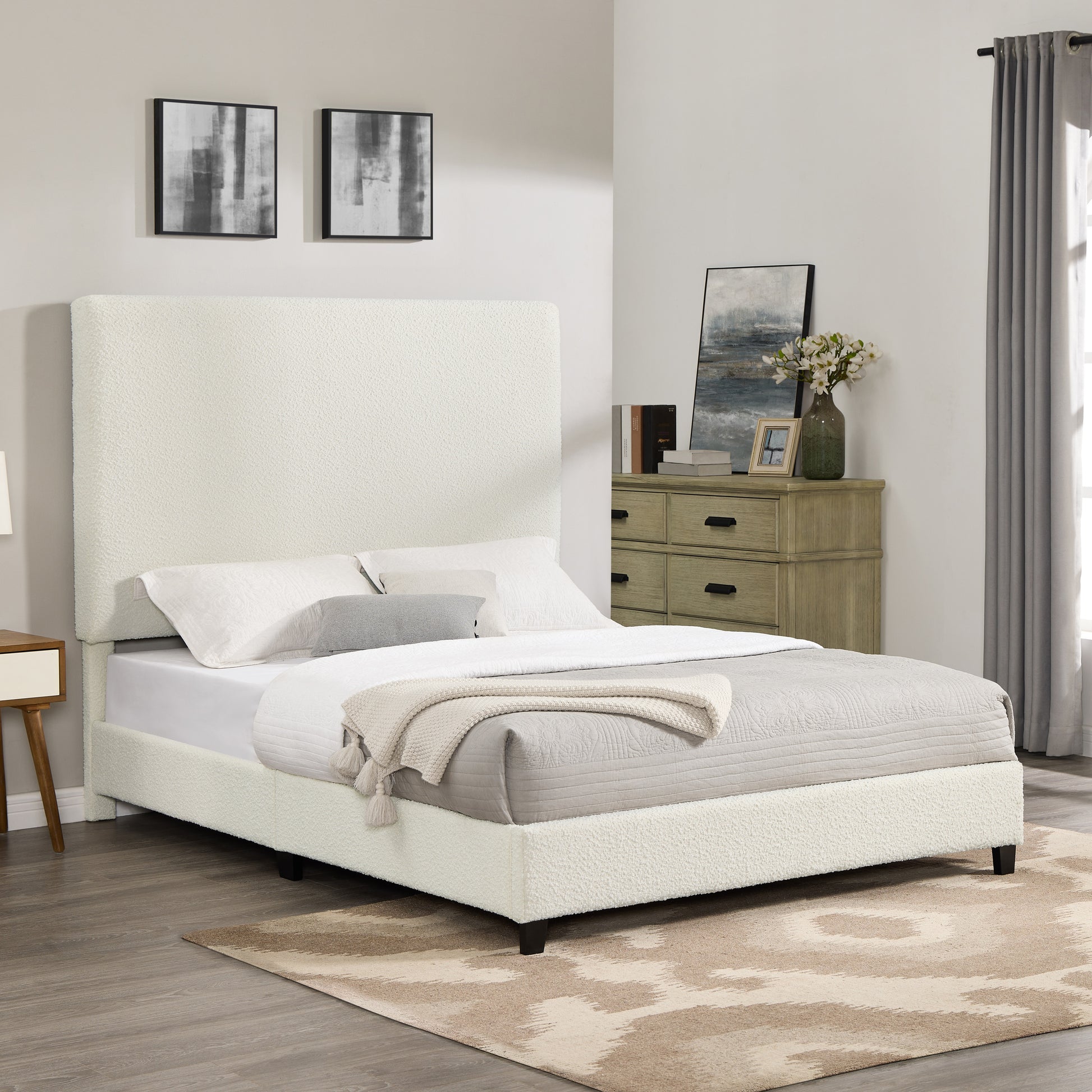 Queen Size White Boucle Upholstered Platform Bed Box Spring Required Queen White Wood Bedroom Contemporary,Modern,Transitional Bed Frame Foam Boucle Polyester