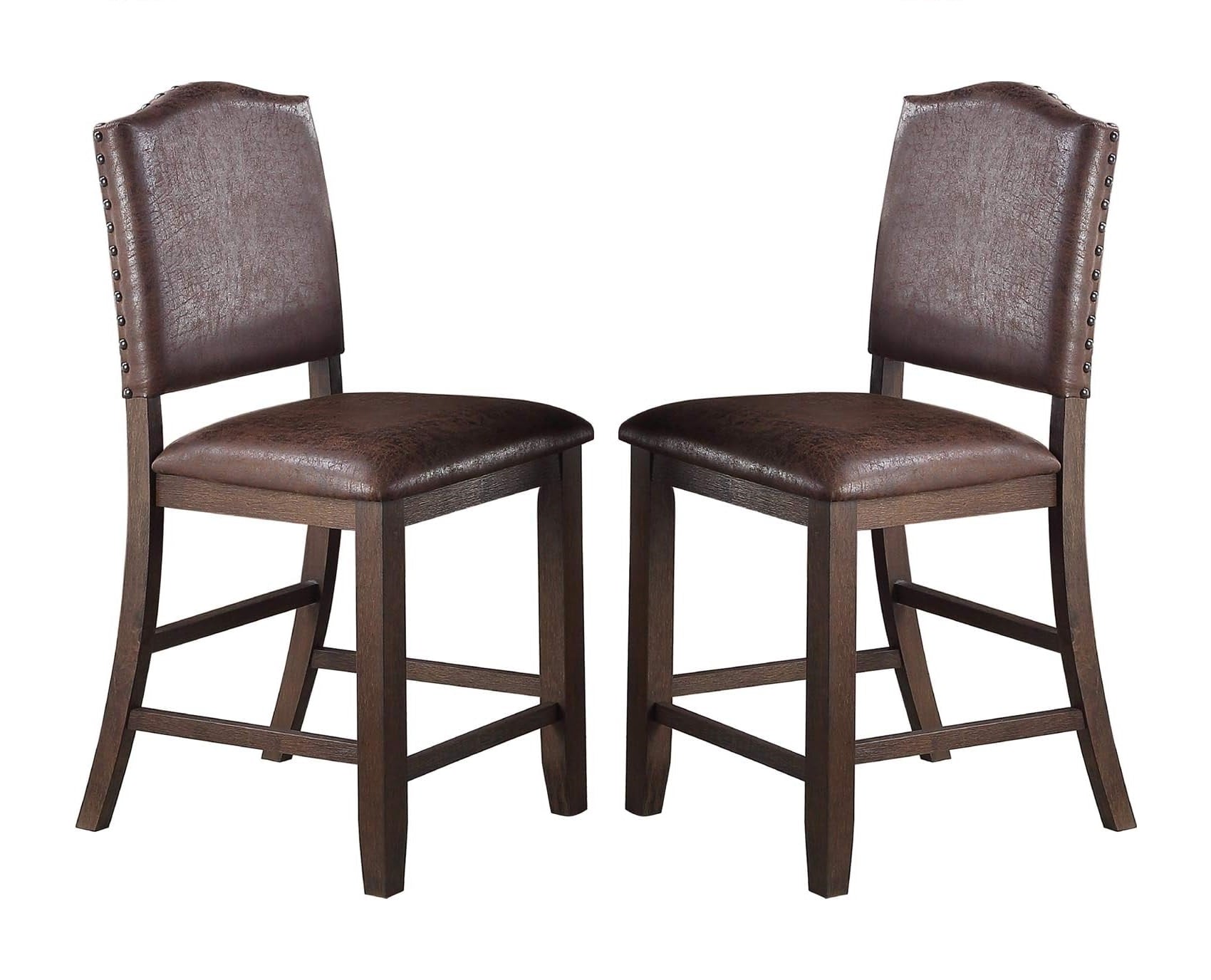 Classic Design Rustic Espresso Finish Faux Leather Set Of 2Pc High Chairs Dining Room Furniture Counter Height Chairs Foam Cushion Dining Room Espresso Brown Dining Room Contemporary,Modern Dining Chairs Rubberwood Solid Back Set Of 2 Solid Wood