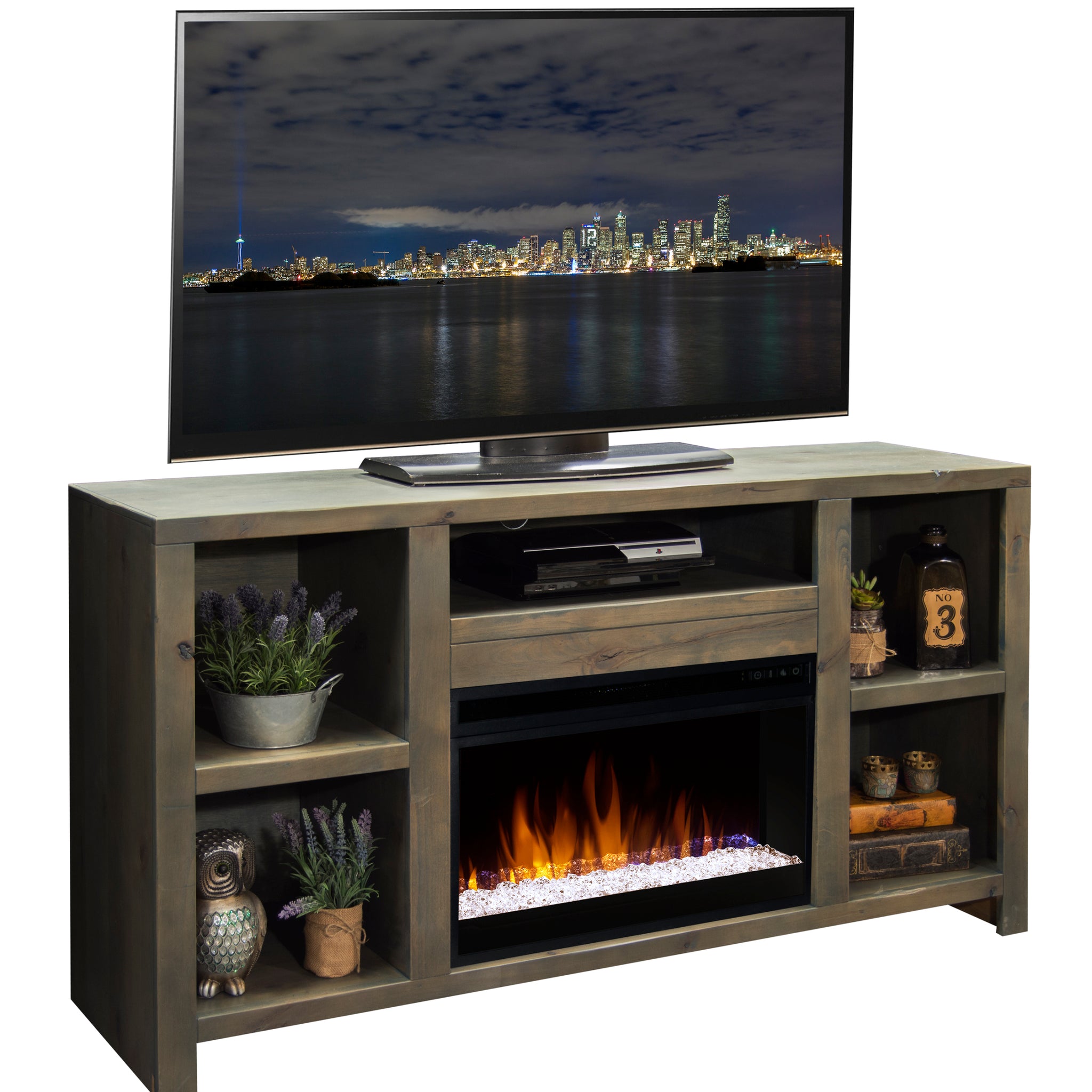 Joshua Creek 62 Inch Electric Fireplace Tv Stand For Tvs Up To 70 Inches, Minimal Assembly, Barnwood Finish Electric Brown Primary Living Space Alder Yes Insert Electric Up To 40 No Brown 400 Vent Free Lodge,Rustic,Transitional Wood