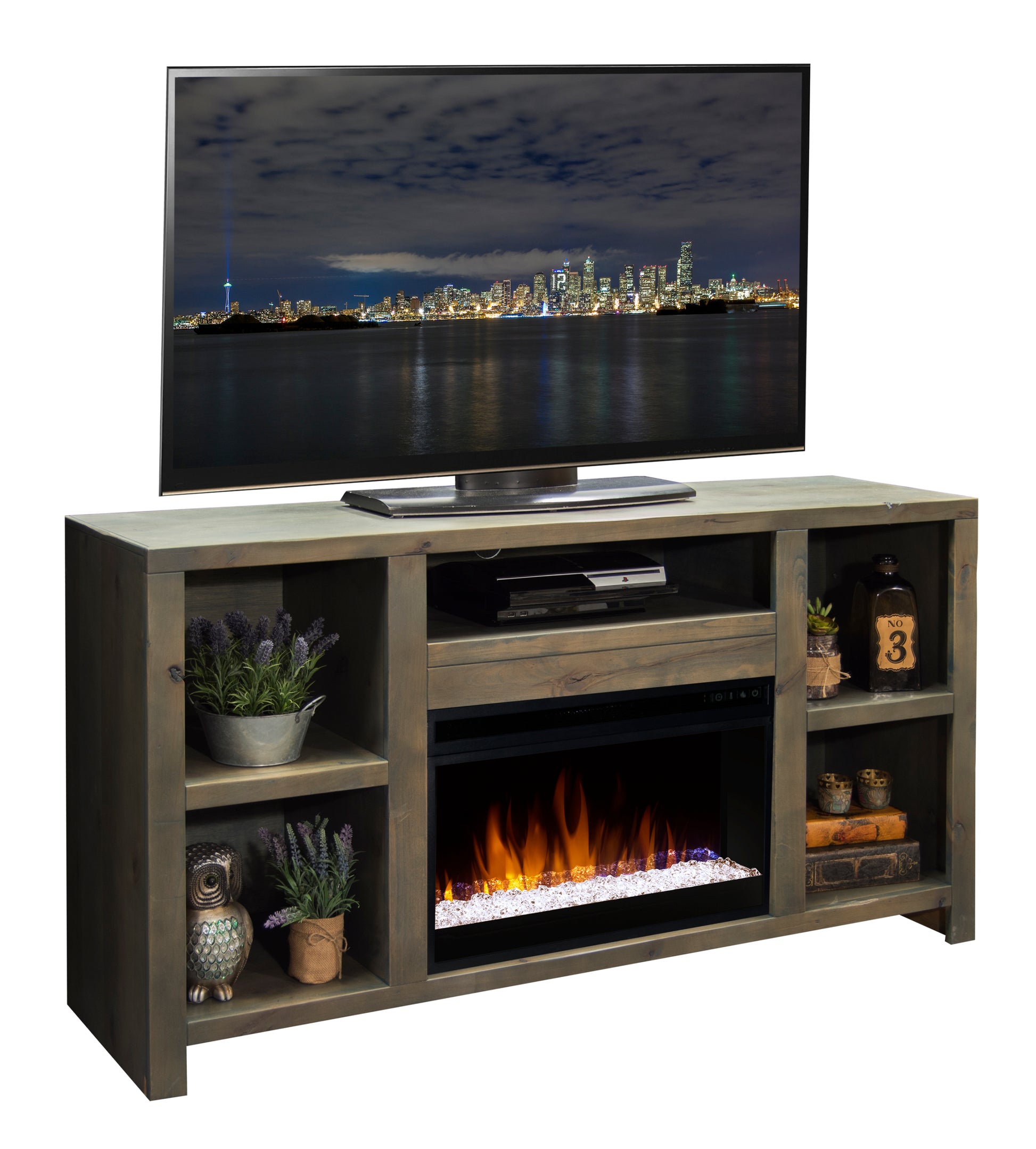 Joshua Creek 62 Inch Electric Fireplace Tv Stand For Tvs Up To 70 Inches, Minimal Assembly, Barnwood Finish Electric Brown Primary Living Space Alder Yes Insert Electric Up To 40 No Brown 400 Vent Free Lodge,Rustic,Transitional Wood