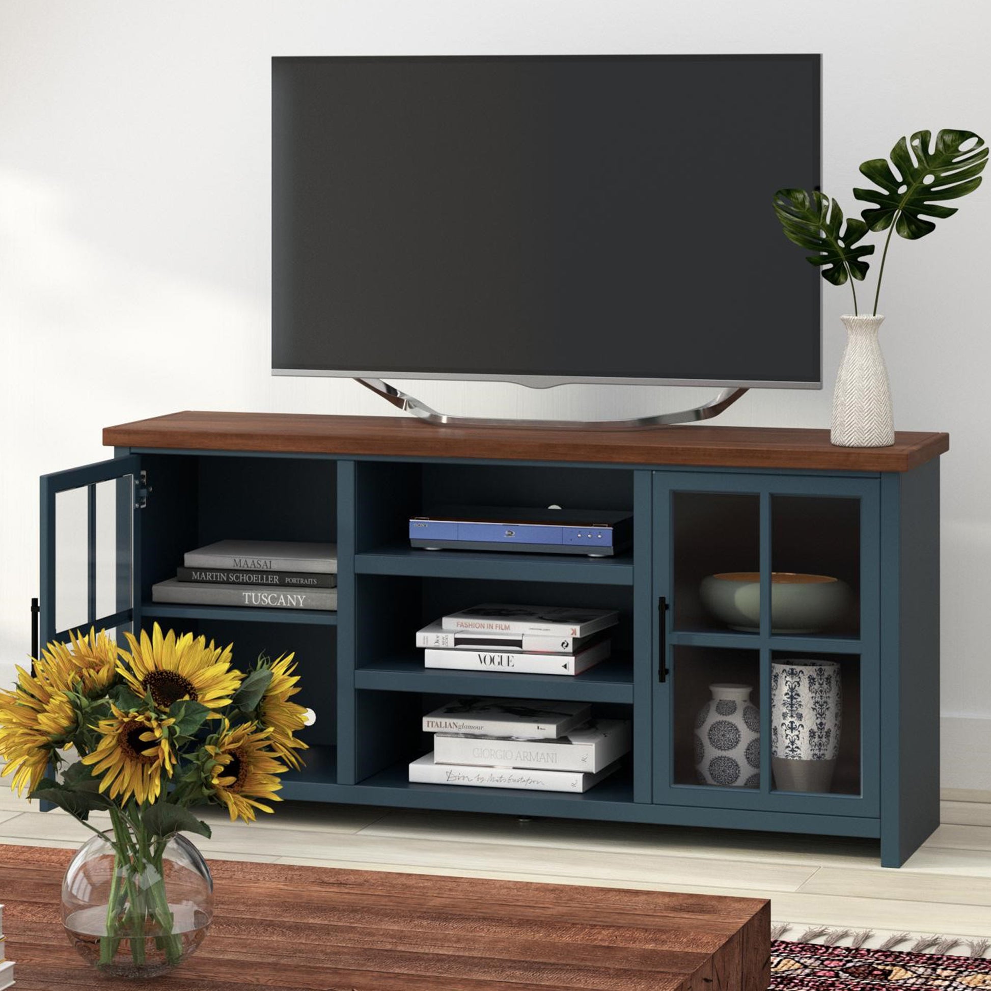 Nantucket 67 Inch Tv Stand Console For Tvs Up To 80 Inches, No Assembly Required, Blue Denim And Whiskey Finish Blue Primary Living Space 60 69 Inches 80 89 Inches Coastal,Farmhouse Poplar 80 Inches Wood