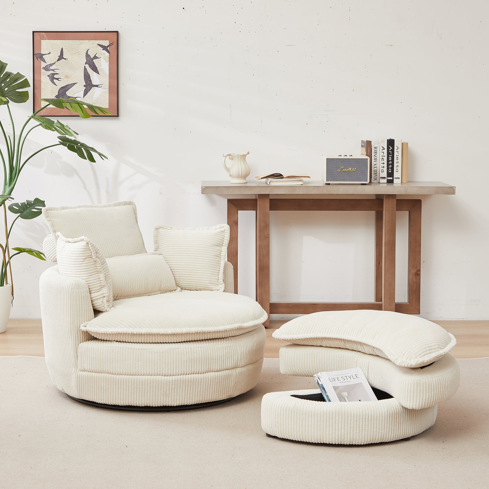 38"W Oversized Swivel Chair With Moon Storage Ottoman For Living Room, Modern Accent Round Loveseat Circle Swivel Barrel Chairs For Bedroom Cuddle Sofa Chair Lounger Armchair, 4 Pillows,Corduroy Beige Foam Corduroy
