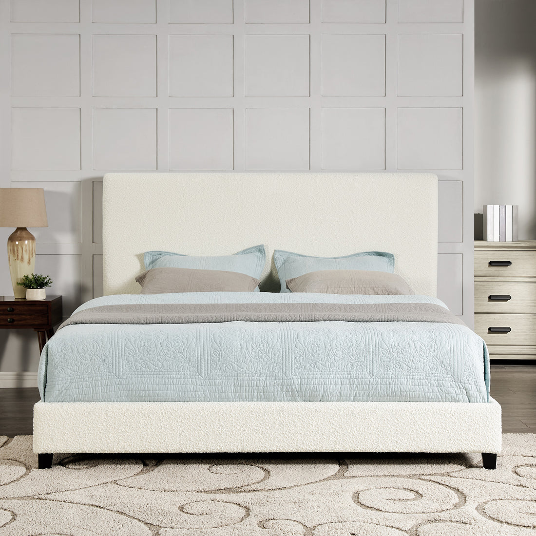 King Size White Boucle Upholstered Platform Bed Box Spring Required King White Wood Bedroom Contemporary,Modern,Transitional Bed Frame Foam Boucle Polyester