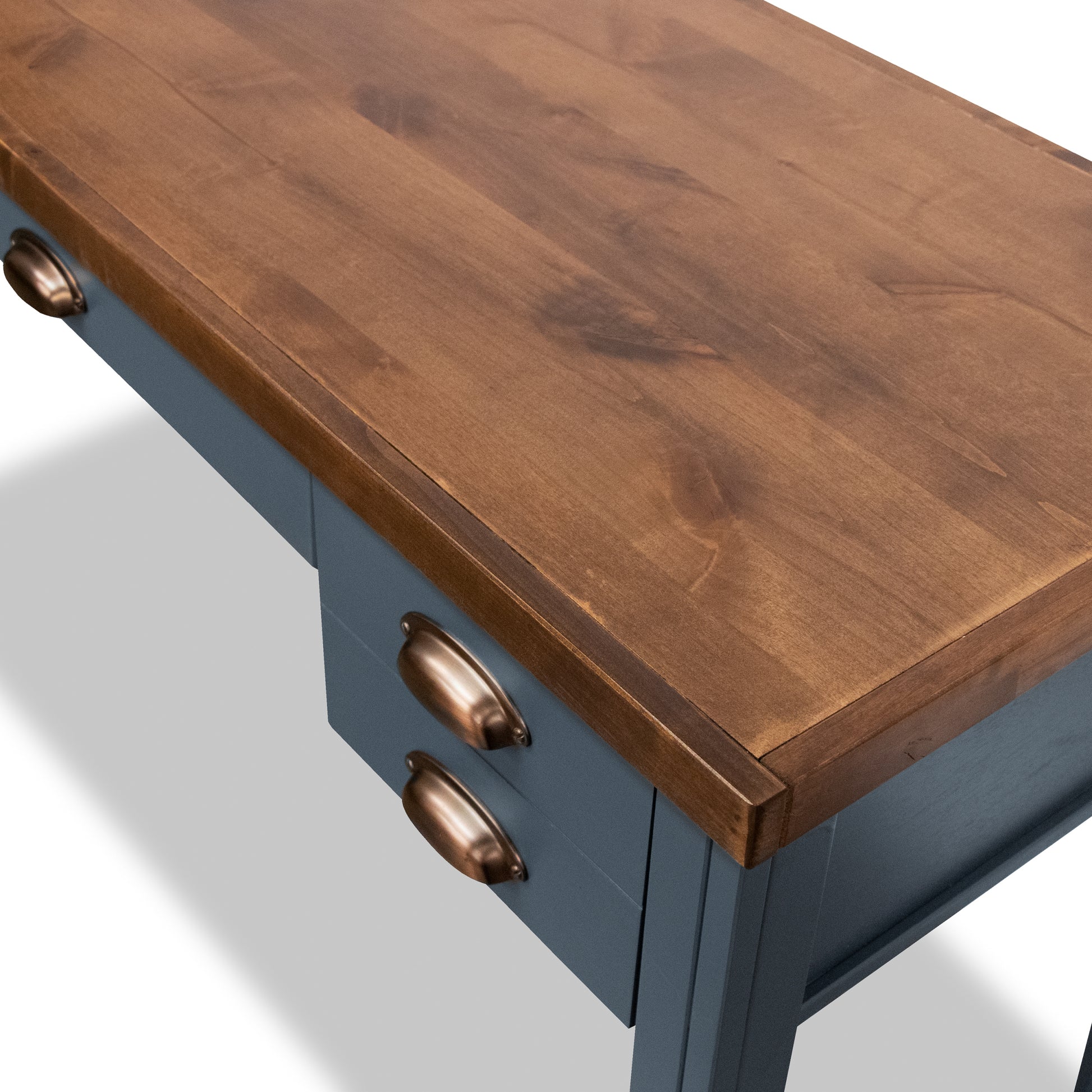 Nantucket 53 Inch Writing Desk, No Assembly Required, Blue Denim And Whiskey Finish Blue Keyboard Tray Writting Desk Office Coastal,Farmhouse Freestanding Poplar Rectangular Drawers Desk Wood