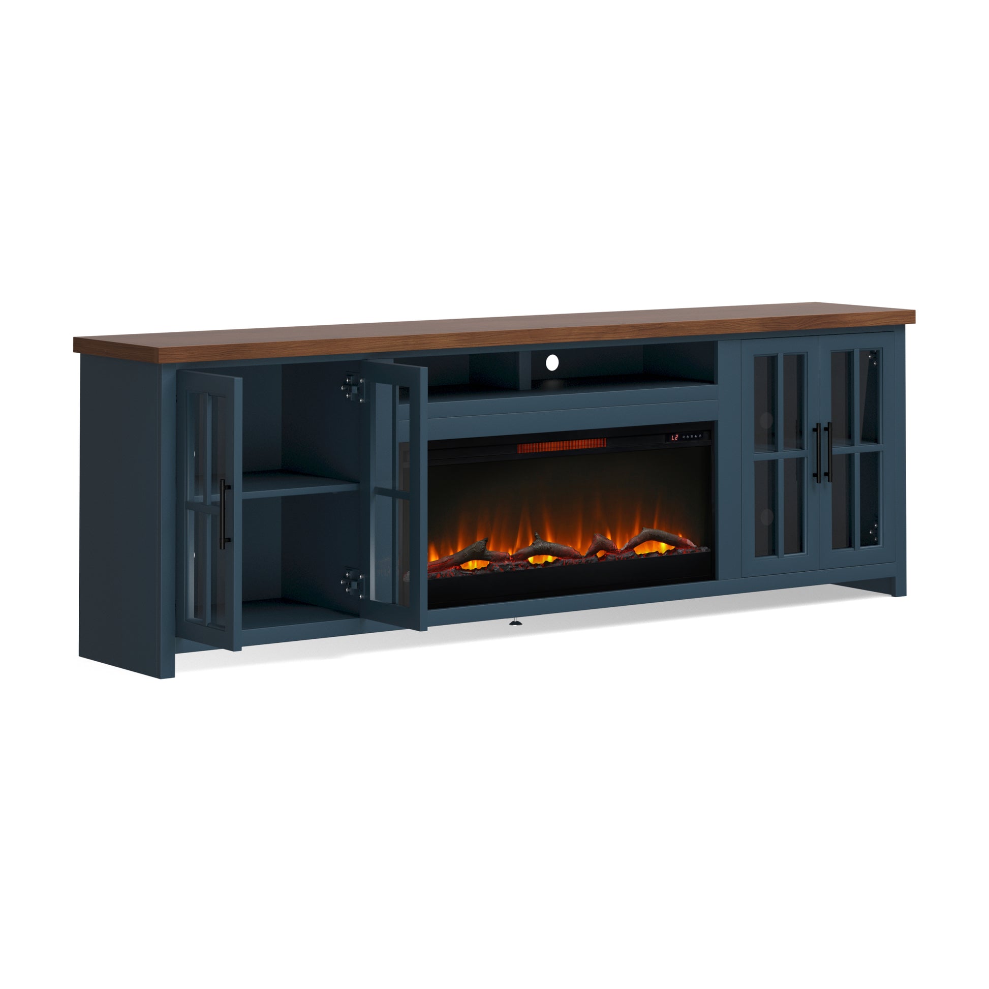 Nantucket 97 Inch Fireplace Tv Stand Console For Tvs Up To 100 Inches, Minimal Assembly, Blue Denim And Whiskey Finish 41 50 Electric No Blue 400 Vent Free Primary Living Space Coastal,Farmhouse Poplar Yes Insert Wood Electric