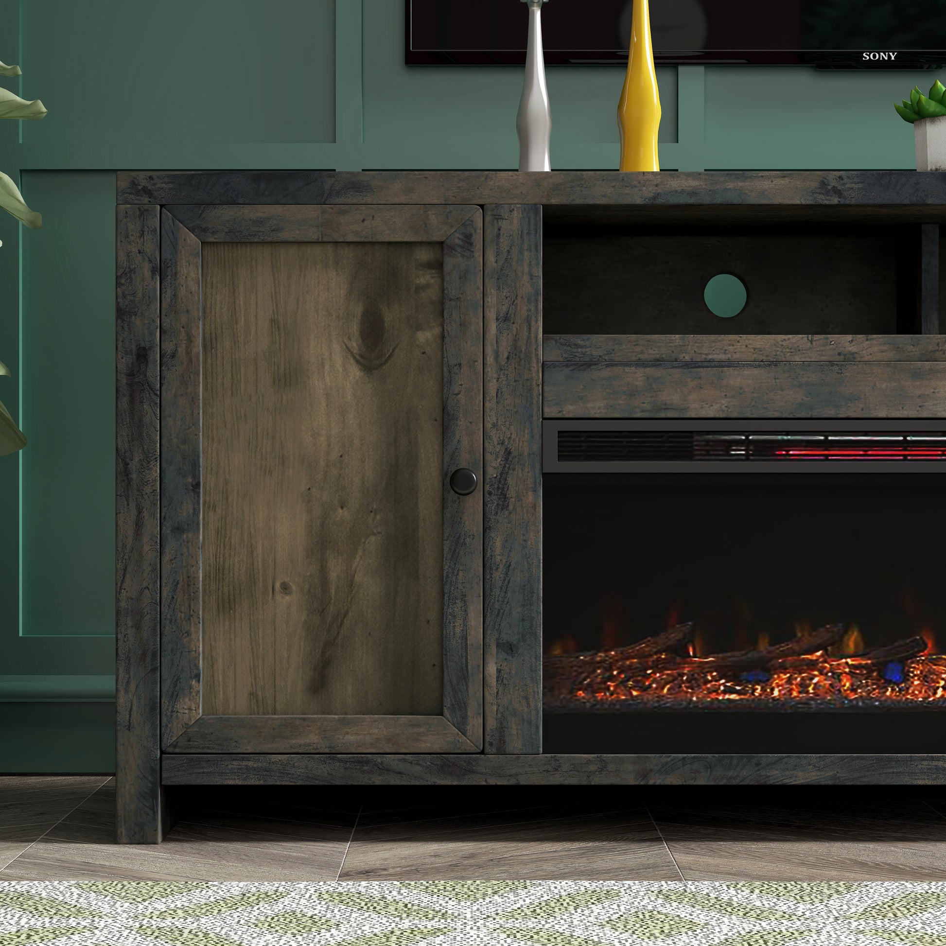 Joshua Creek 83 Inch Electric Fireplace Tv Stand For Tvs Up To 95 Inches, Minimal Assembly, Barnwood Finish Electric Brown Primary Living Space Alder Yes Insert Electric 41 50 No Brown 400 Vent Free