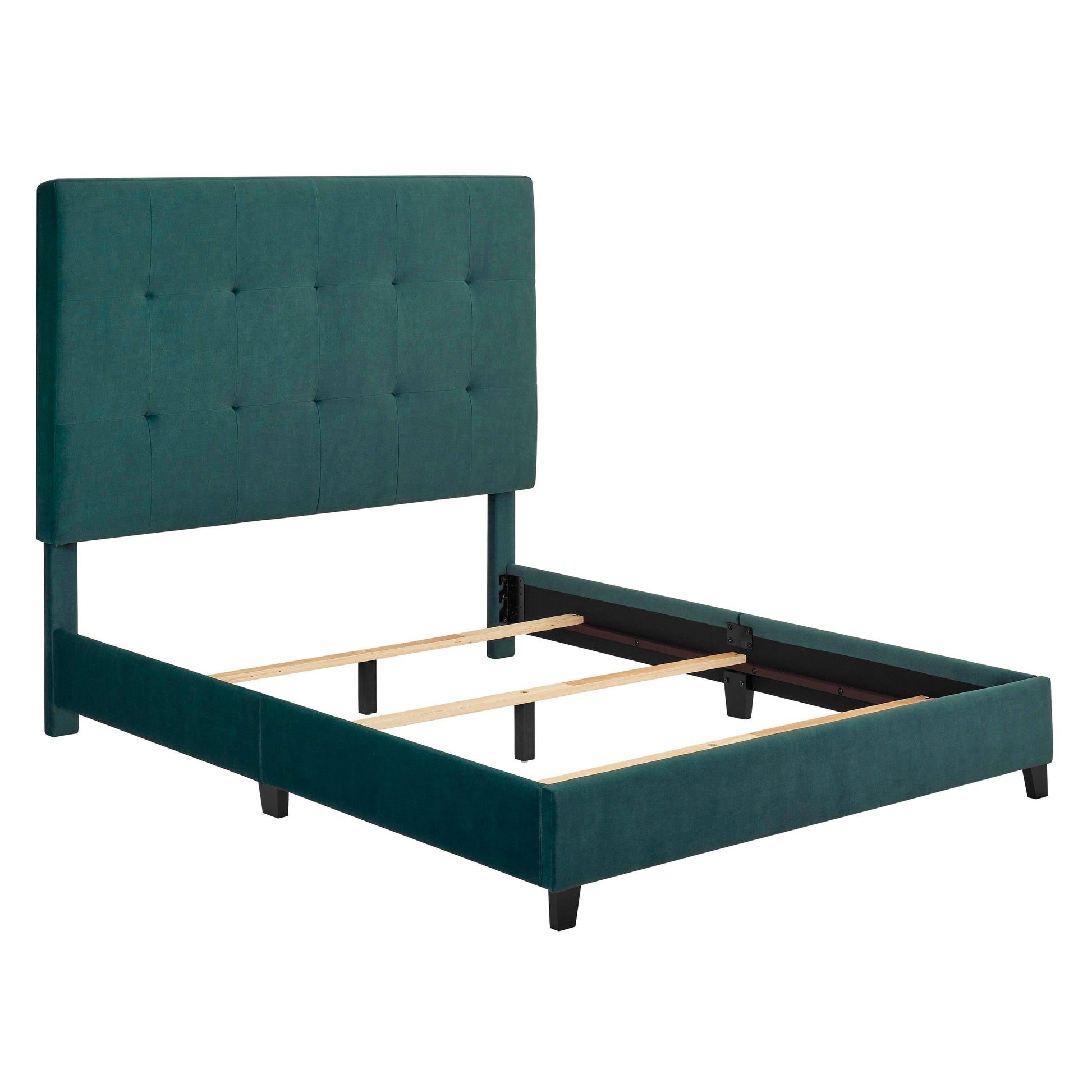 Queen Size Green Velvet Tufted Upholstered Platform Bed Box Spring Required Queen Green Wood Bedroom Contemporary,Modern,Transitional Bed Frame Foam Velvet Polyester