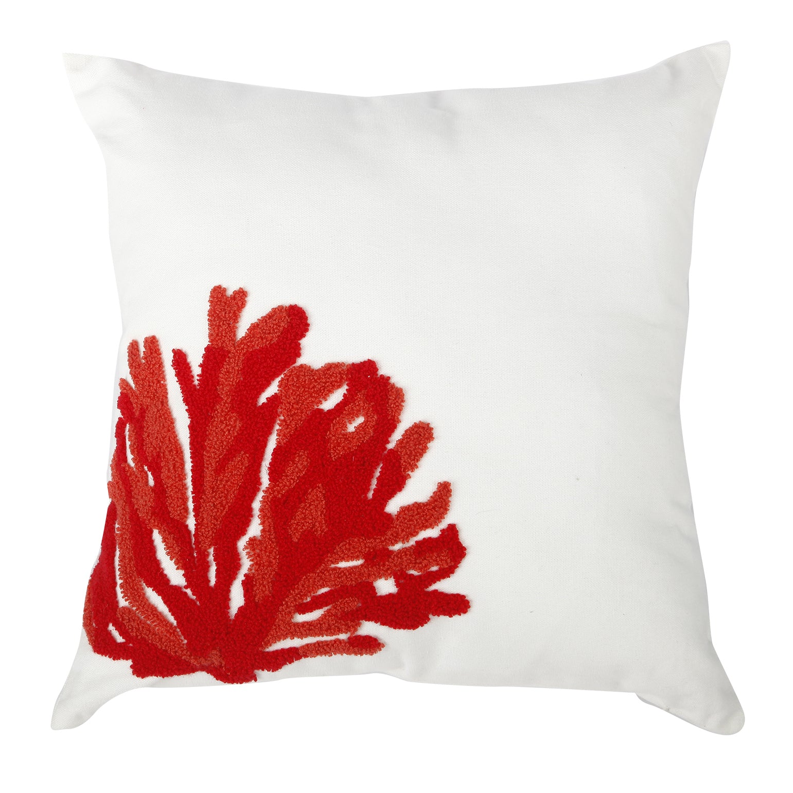 Contemporary Style Pillow With Coral Embroidery, Red And White. White Polyester