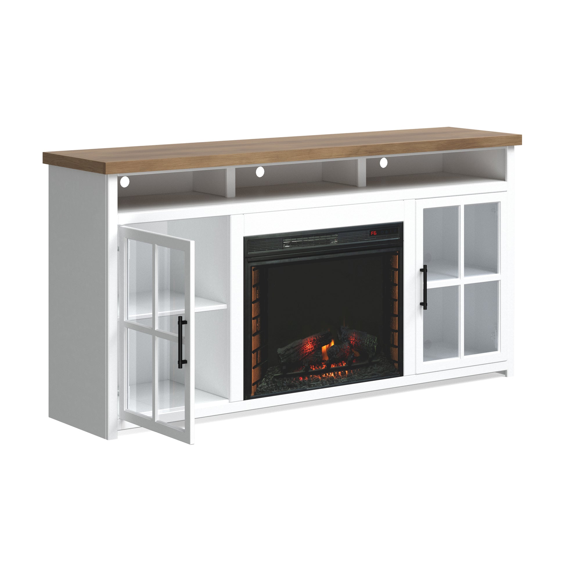 Hampton 74 Inch Fireplace Tv Stand Console For Tvs Up To 85 Inches, Minimal Assembly, Jasmine Whitewash And Barnwood Finish Electric White Primary Living Space Poplar Yes Insert Electric Up To 40 No White 400 Vent Free Coastal,Farmhouse Wood