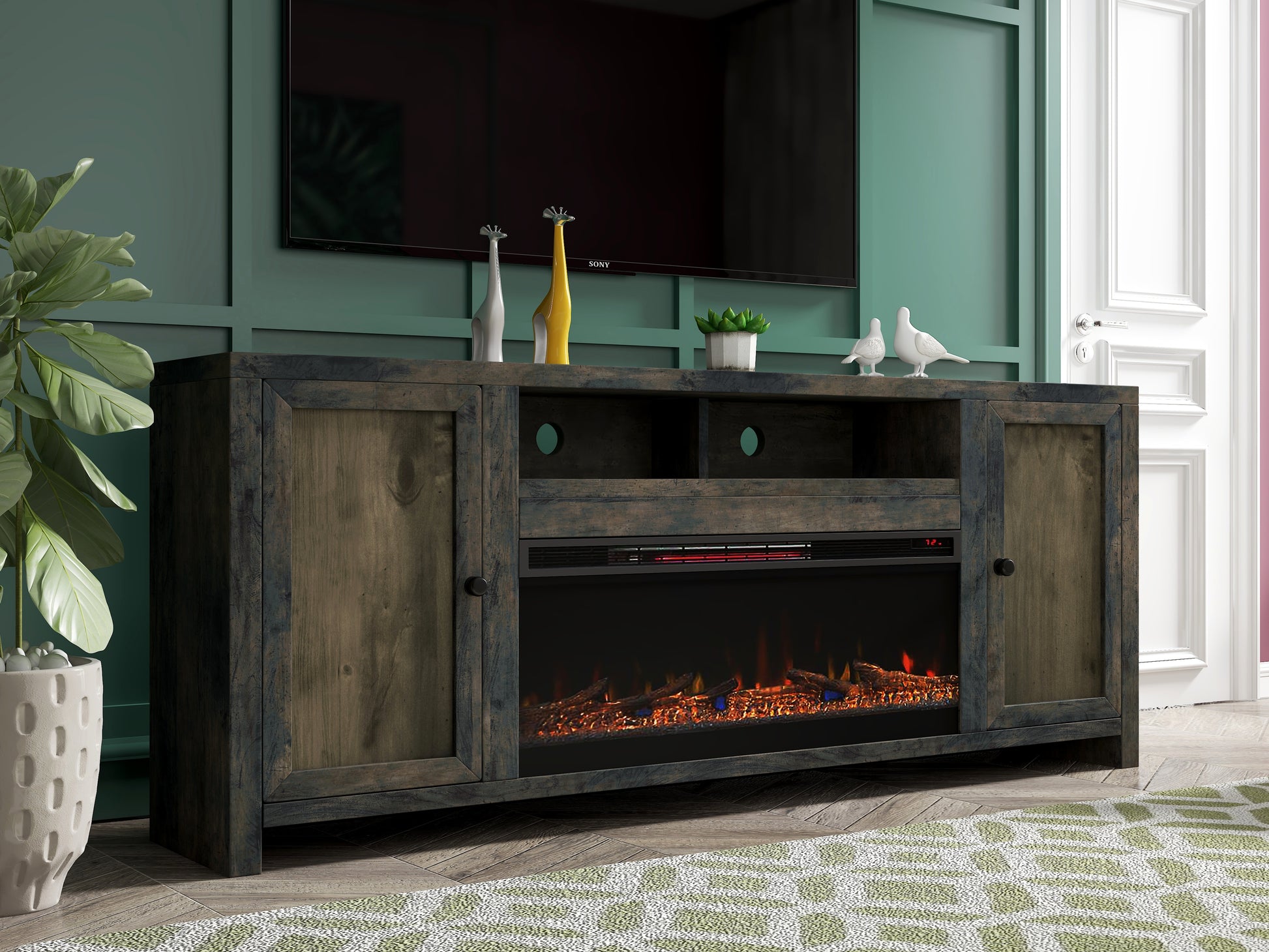 Joshua Creek 83 Inch Electric Fireplace Tv Stand For Tvs Up To 95 Inches, Minimal Assembly, Barnwood Finish Electric Brown Primary Living Space Alder Yes Insert Electric 41 50 No Brown 400 Vent Free