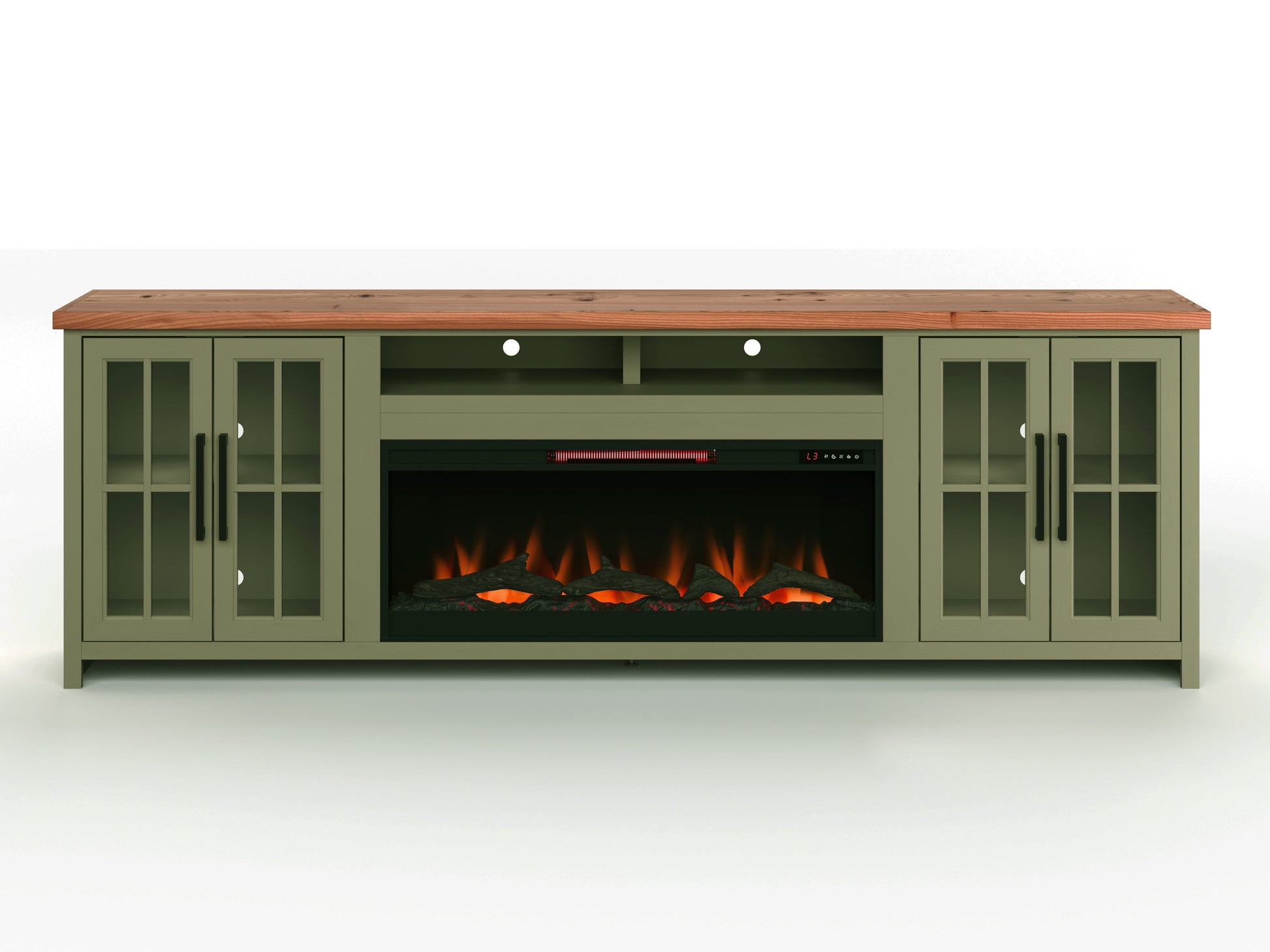 Vineyard 97 Inch Fireplace Tv Stand Console For Tvs Up To 100 Inches, Minimal Assembly, Sage Green And Fruitwood Finish 41 50 Electric No Green 400 Vent Free Primary Living Space Coastal,Farmhouse Poplar Yes Insert Wood Electric