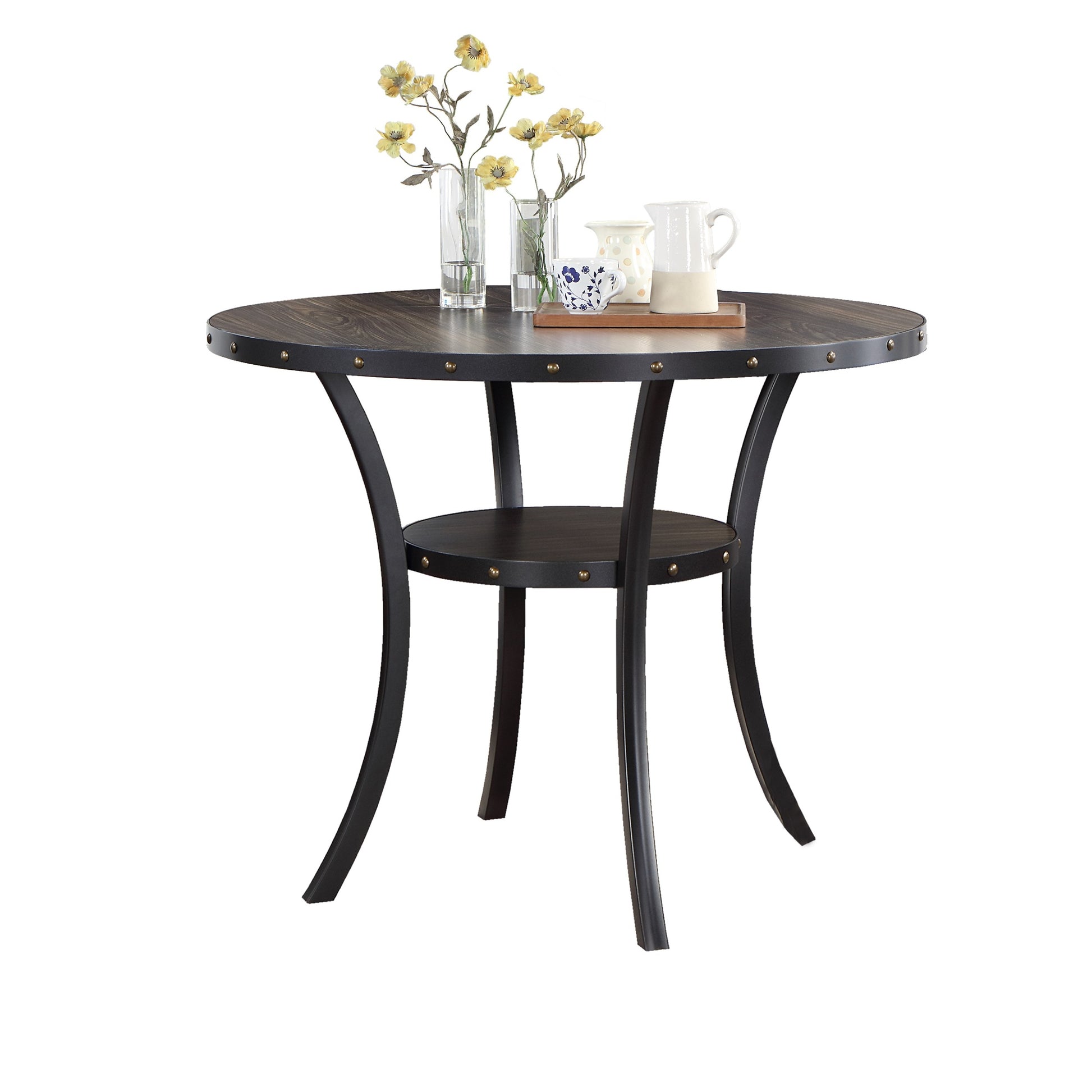 Dining Room Furniture Natural Wooden Round Dining Table 4X High Chairs Gray Fabric Nail Heads Trim Storage Shelve 5Pc Counter Height Dining Set Wood Dining Room Rubberwood Round Dining Table With Chair Upholstered Chair Wood Gray Solid Back Seats 4 48