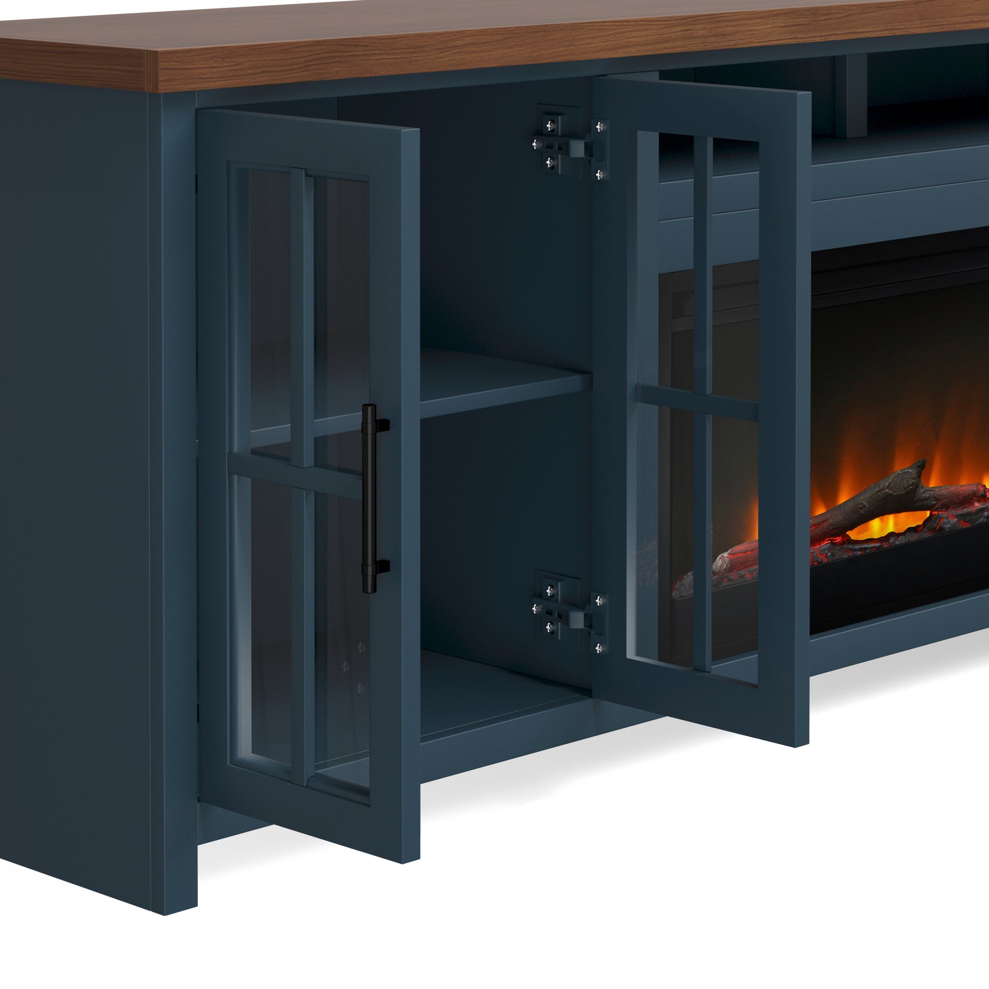 Nantucket 97 Inch Fireplace Tv Stand Console For Tvs Up To 100 Inches, Minimal Assembly, Blue Denim And Whiskey Finish 41 50 Electric No Blue 400 Vent Free Primary Living Space Coastal,Farmhouse Poplar Yes Insert Wood Electric