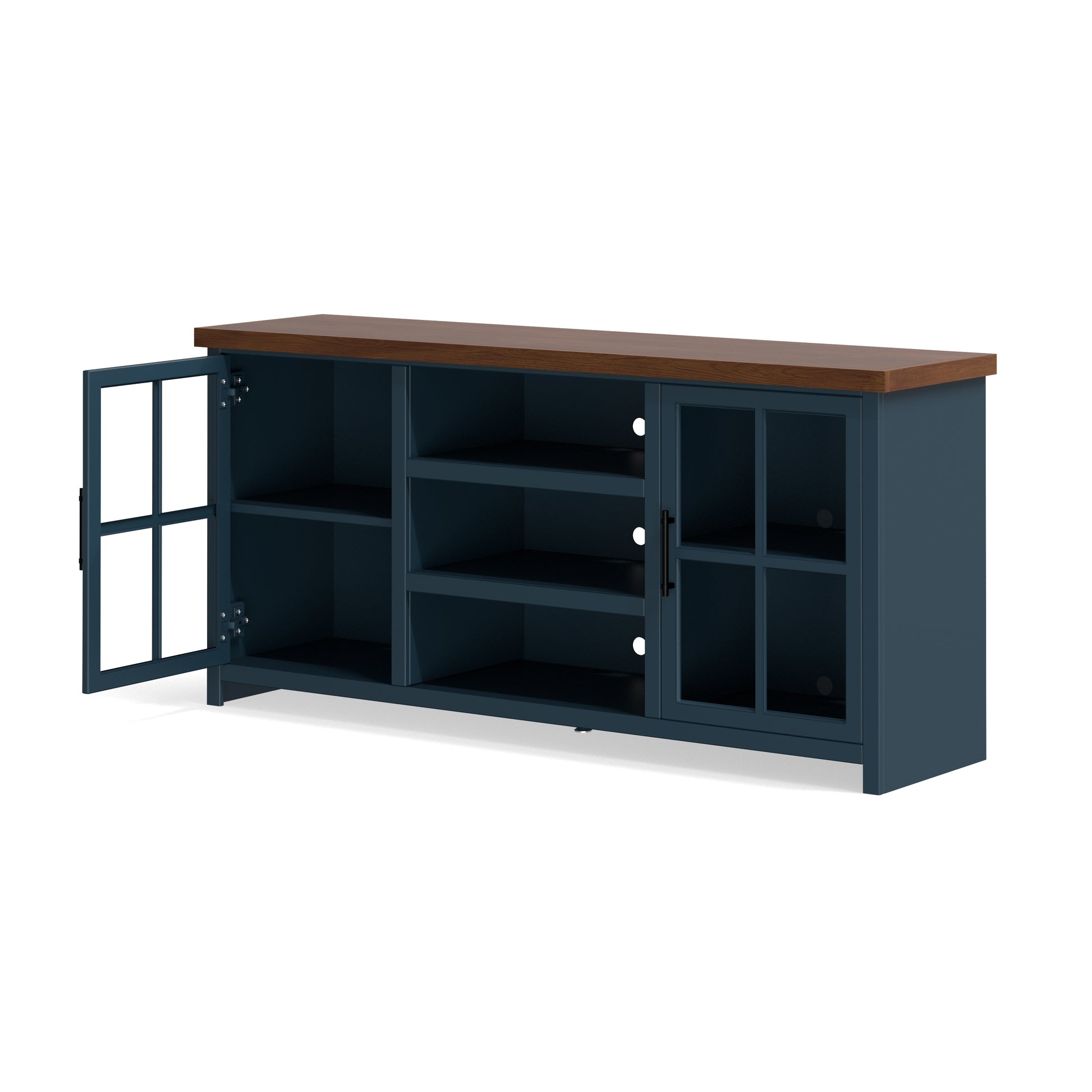 Nantucket 67 Inch Tv Stand Console For Tvs Up To 80 Inches, No Assembly Required, Blue Denim And Whiskey Finish Blue Primary Living Space 60 69 Inches 80 89 Inches Coastal,Farmhouse Poplar 80 Inches Wood