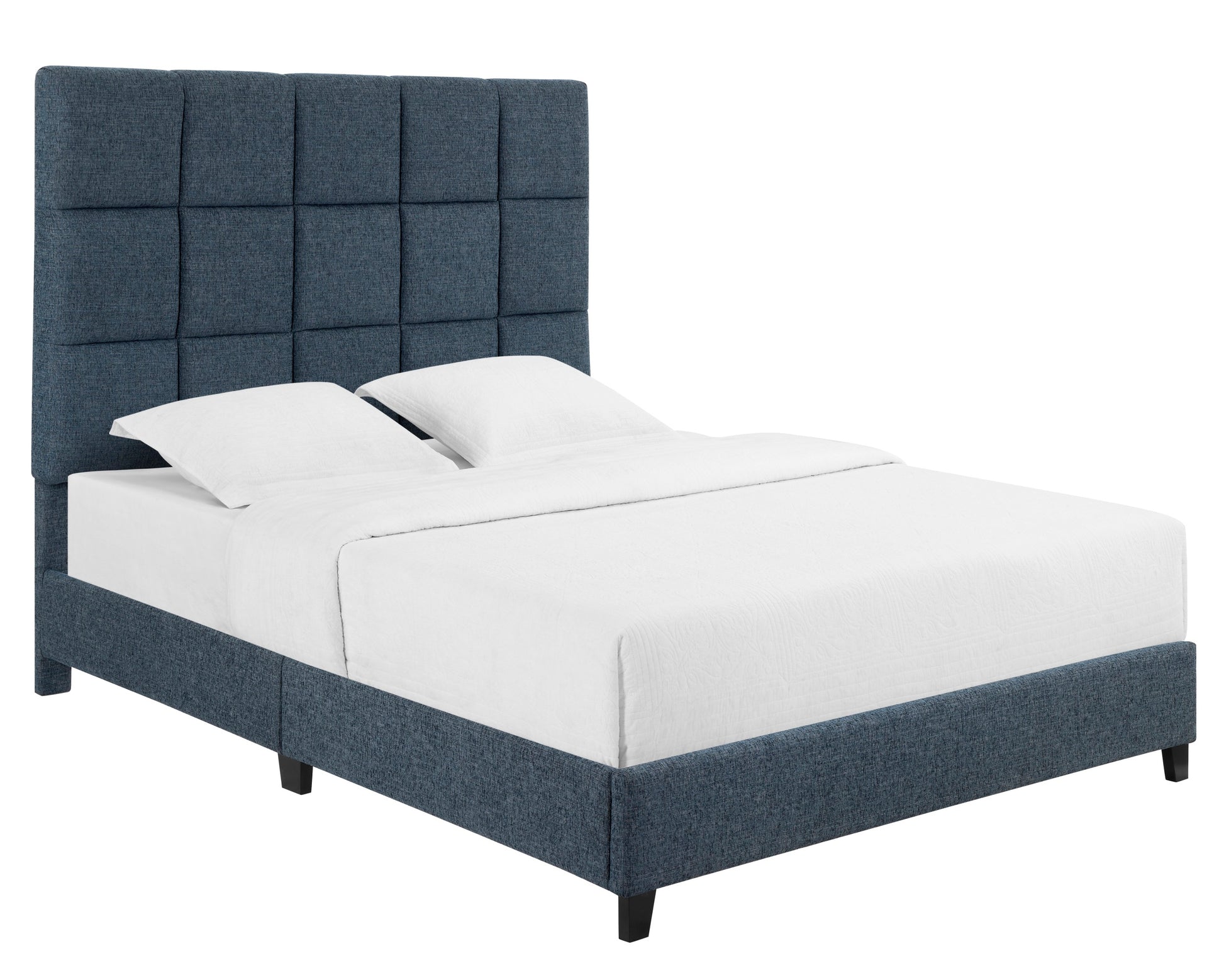 Queen Size Navy Blue Denim Squares Upholstered Platform Bed Box Spring Required Queen Blue Wood Bedroom Contemporary,Modern,Transitional Bed Frame Foam Polyester Polyester