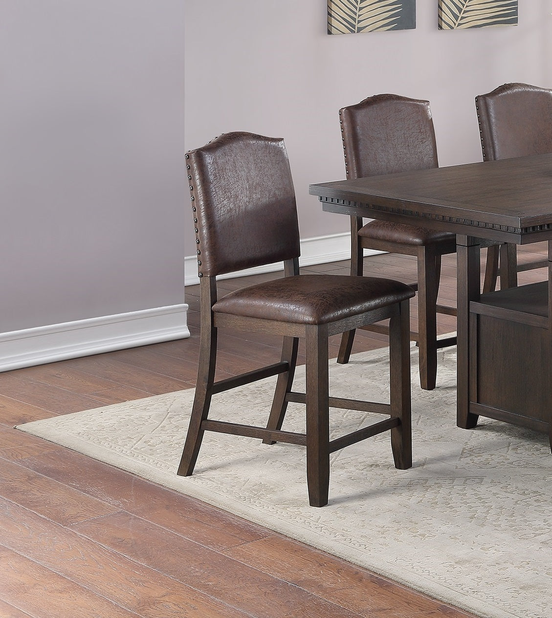 Classic Design Rustic Espresso Finish Faux Leather Set Of 2Pc High Chairs Dining Room Furniture Counter Height Chairs Foam Cushion Dining Room Espresso Brown Dining Room Contemporary,Modern Dining Chairs Rubberwood Solid Back Set Of 2 Solid Wood