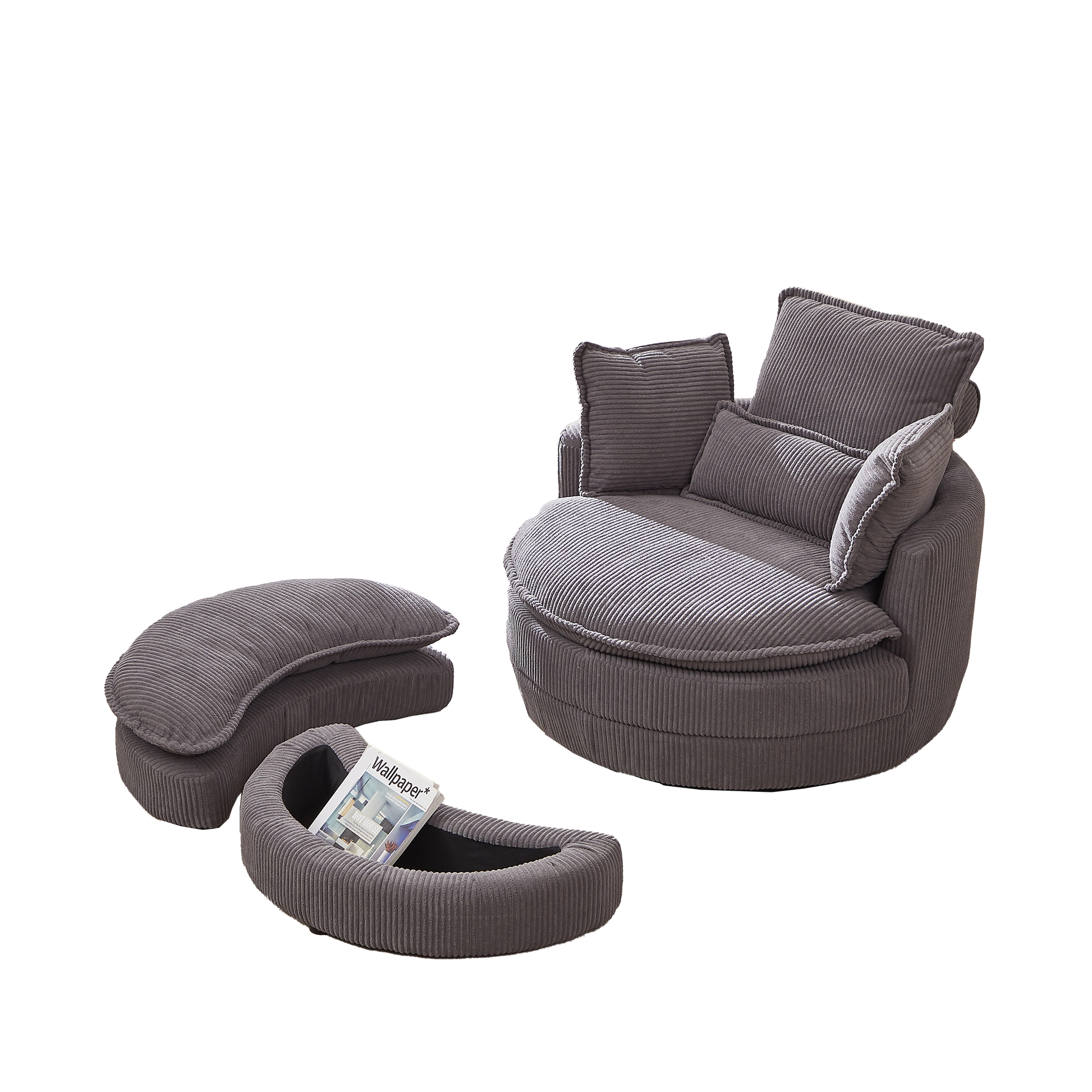 38"W Oversized Swivel Chair With Moon Storage Ottoman For Living Room, Modern Accent Round Loveseat Circle Swivel Barrel Chairs For Bedroom Cuddle Sofa Chair Lounger Armchair, 4 Pillows,Corduroy Grey Foam Corduroy