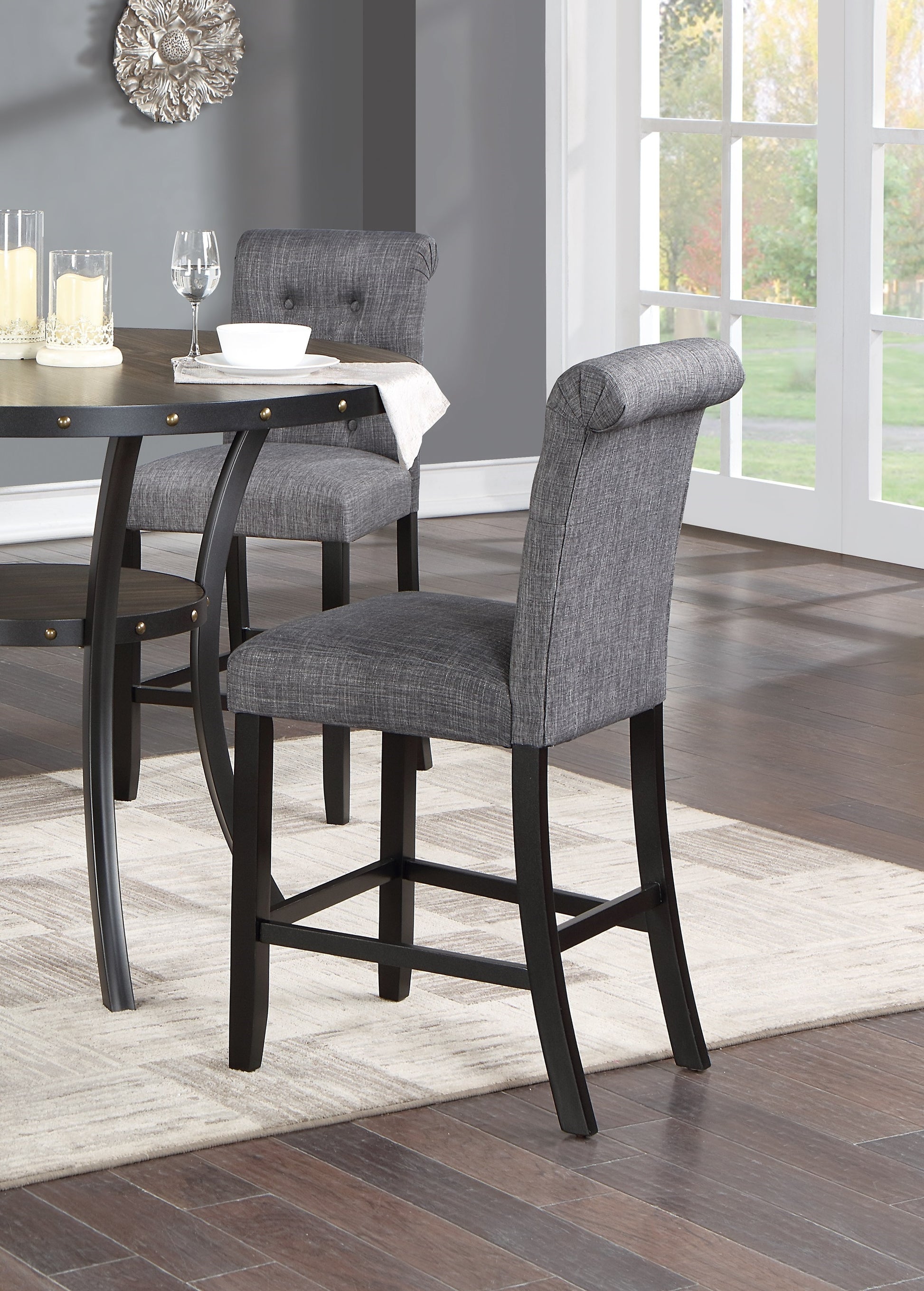 Charcoal Fabric Set Of 2Pc Counter Height Dining Chairs Contemporary Plush Cushion High Chairs Tufted Back Chair Kitchen Dining Room Charcoal Grey Dining Room Foam Contemporary,Modern,Transitional Dining Chairs Rubberwood Tufted Back Set Of 2 Solid Wood