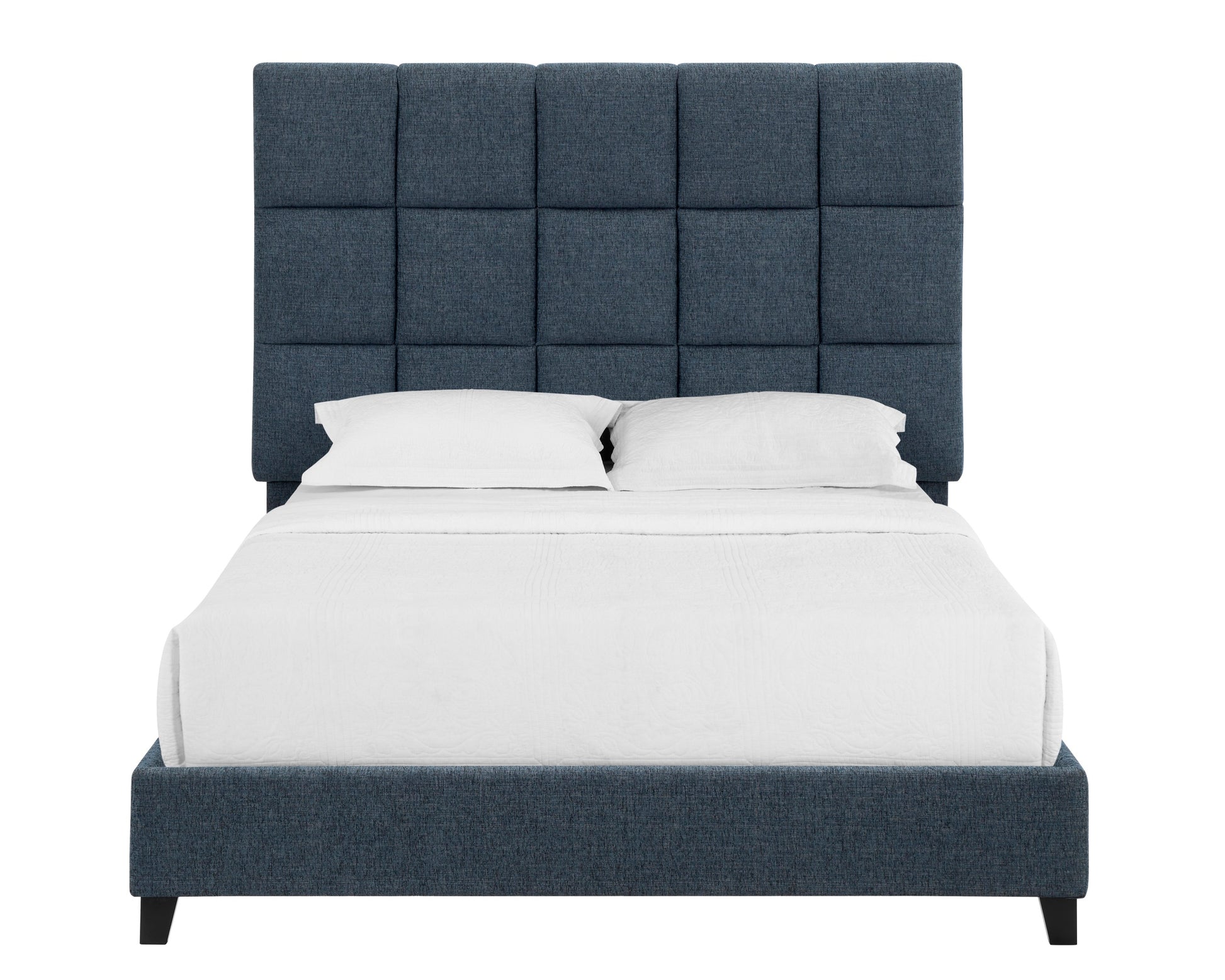 Queen Size Navy Blue Denim Squares Upholstered Platform Bed Box Spring Required Queen Blue Wood Bedroom Contemporary,Modern,Transitional Bed Frame Foam Polyester Polyester