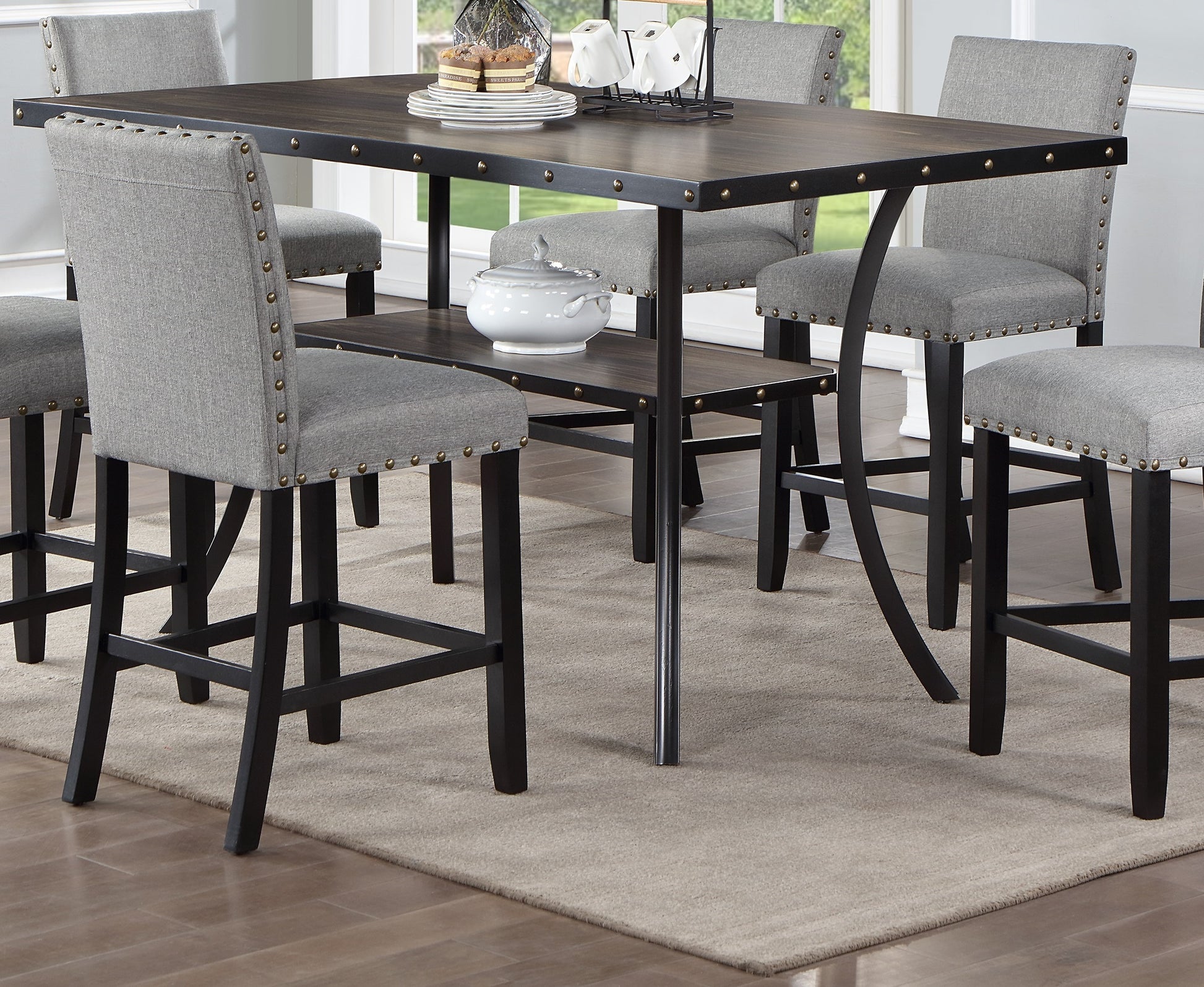 Modern Classic Dining Room Furniture Natural Wooden Dining Table 6X High Chairs Gray Fabric Nail Heads Trim Storage Shelve 7Pc Counter Height Dining Set Wood Dining Room Rubberwood Rectangular Dining Table With Chair Upholstered Chair Wood Gray Solid