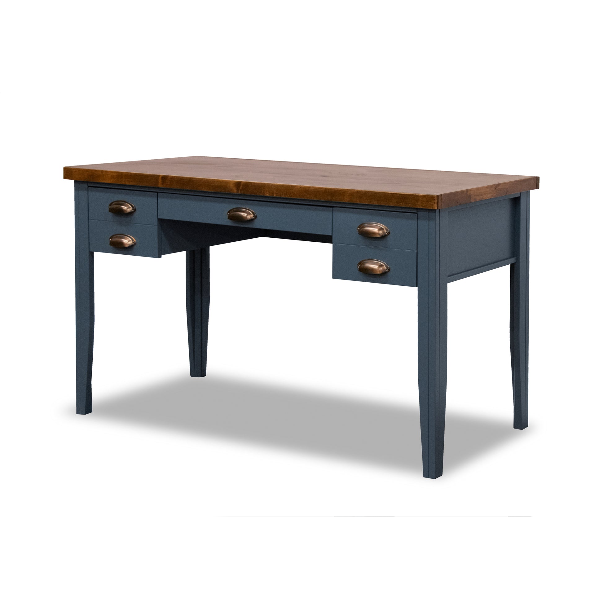 Nantucket 53 Inch Writing Desk, No Assembly Required, Blue Denim And Whiskey Finish Blue Keyboard Tray Writting Desk Office Coastal,Farmhouse Freestanding Poplar Rectangular Drawers Desk Wood