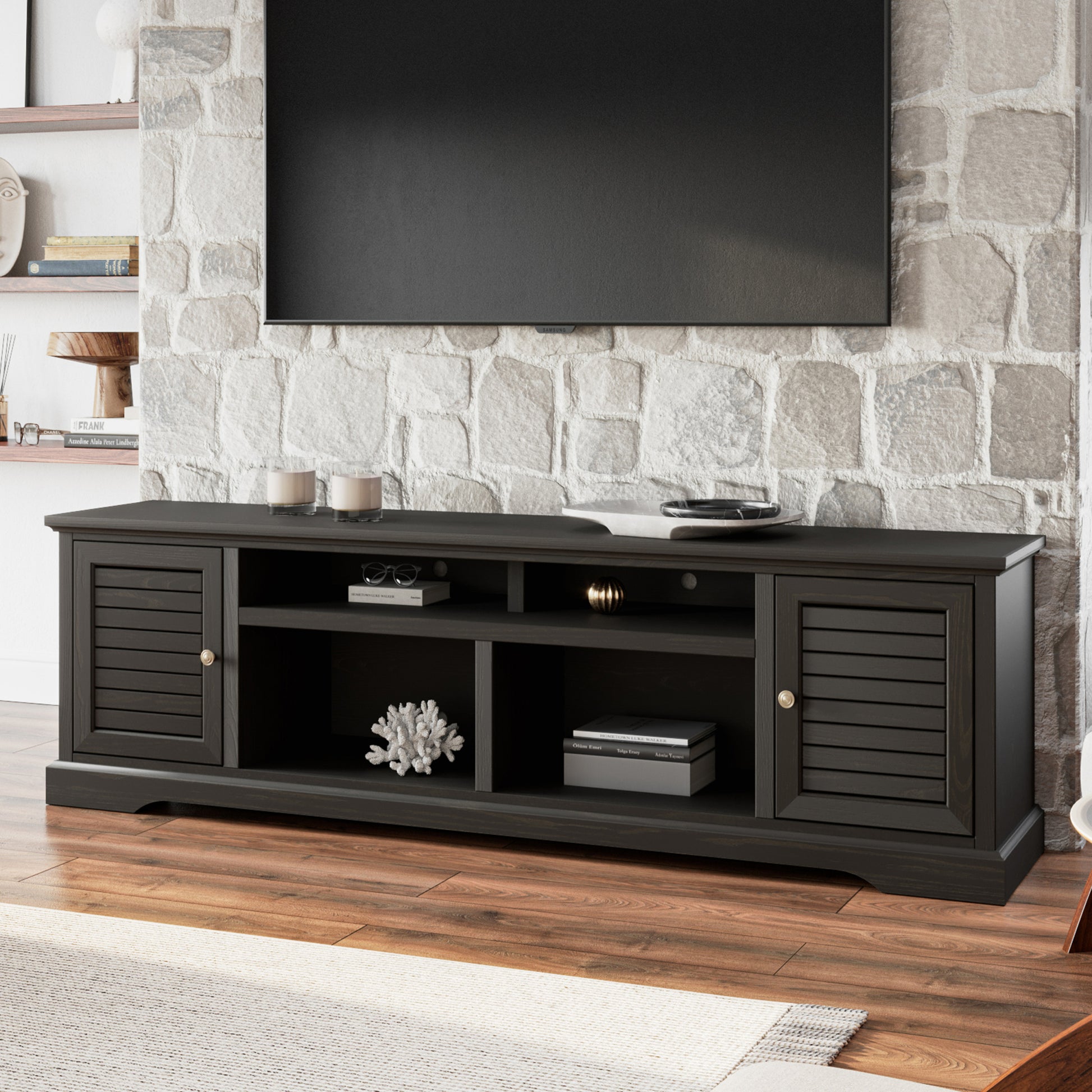 Topanga 83 Inch Tv Stand Console For Tvs Up To 95 Inches, No Assembly Required, C Finish Black Primary Living Space 90 Inches Or Larger 90 Inches Or Larger Coastal,Rustic,Transitional Oak 85 Inches Wood