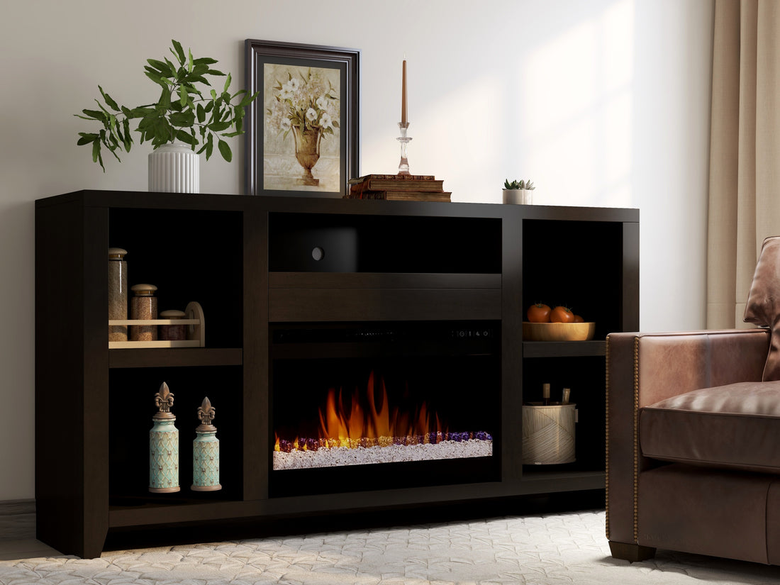 Urban Loft 62 Inch Electric Fireplace Tv Console For Tvs Up To 70 Inches, Minimal Assembly, Mocha Finish Electric Espresso Primary Living Space Poplar Yes Insert Electric Up To 40 No Brown 400 Vent Free Contemporary,Modern Wood