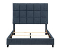 Queen Size Navy Blue Denim Squares Upholstered Platform Bed Box Spring Required Queen Blue Wood Bedroom Contemporary,Modern,Transitional Bed Frame Foam Polyester Polyester