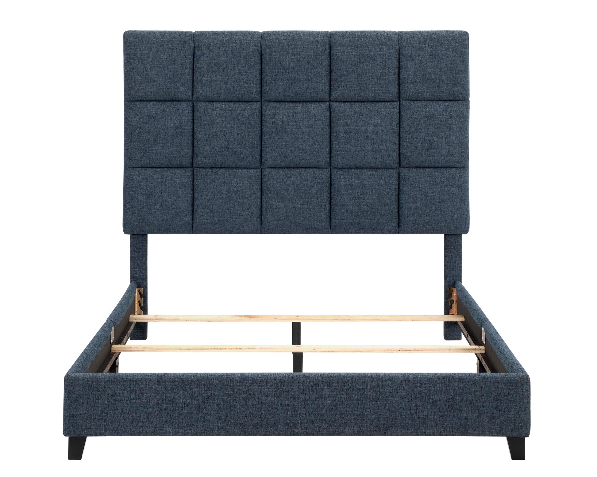 Queen Size Navy Blue Denim Squares Upholstered Platform Bed Box Spring Required Queen Blue Wood Bedroom Contemporary,Modern,Transitional Bed Frame Foam Polyester Polyester