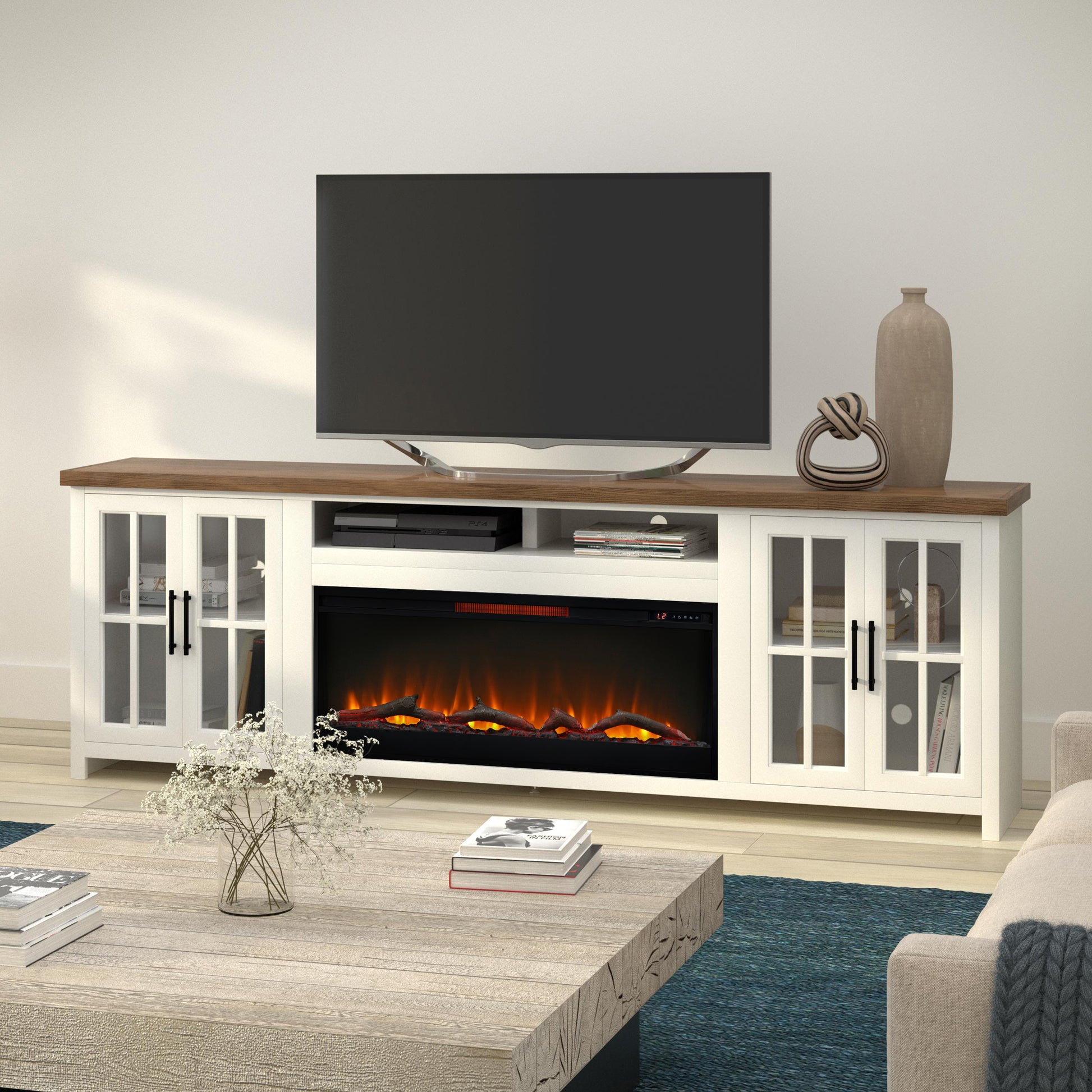 Hampton 97 Inch Fireplace Tv Stand Console For Tvs Up To 100 Inches, Minimal Assembly, Jasmine Whitewash And Barnwood Finish Electric White Primary Living Space Poplar Yes Insert Electric 41 50 No