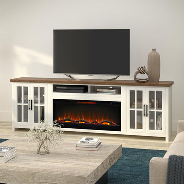 Hampton 97 Inch Fireplace Tv Stand Console For Tvs Up To 100 Inches, Minimal Assembly, Jasmine Whitewash And Barnwood Finish Electric White Primary Living Space Poplar Yes Insert Electric 41 50 No