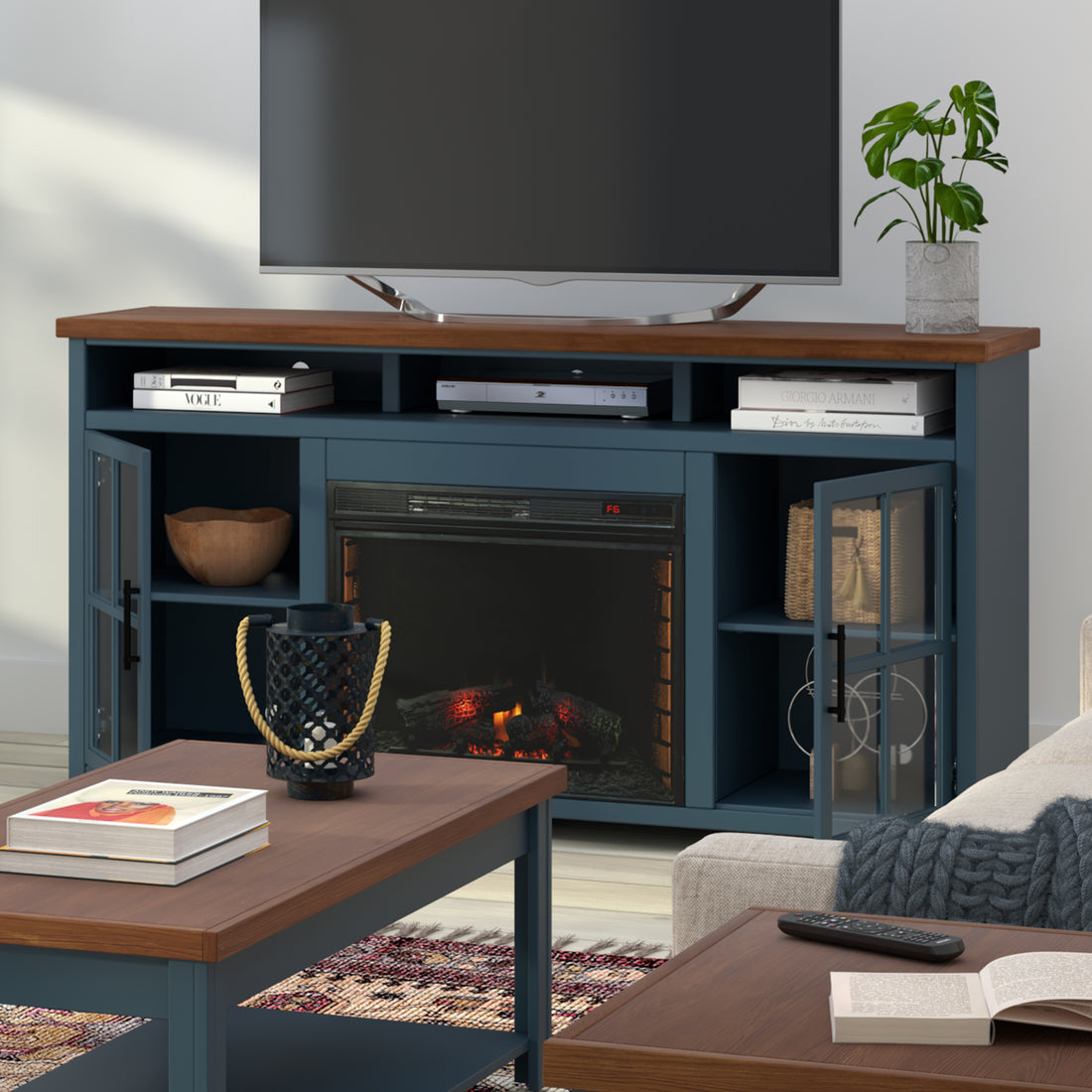 Nantucket 74 Inch Fireplace Tv Stand Console For Tvs Up To 85 Inches, Minimal Assembly, Blue Denim And Whiskey Finish Up To 40 Electric No Blue 400 Vent Free Primary Living Space Coastal,Farmhouse Poplar Yes Insert Wood Electric